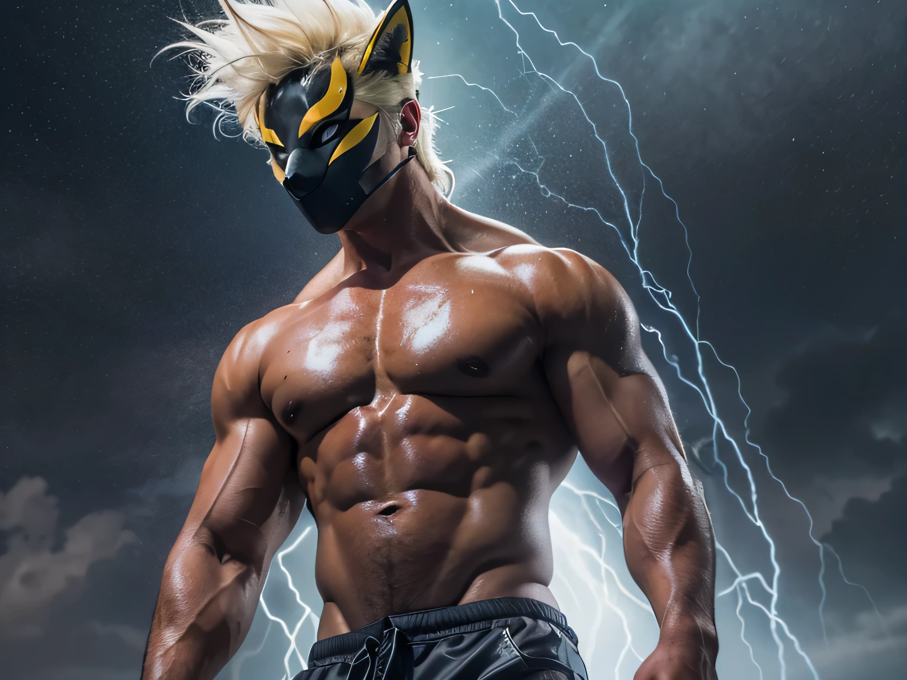 (RAW image quality:1.4), beautiful feces, bright pictures, sunlight, 8k, RAW image quality, masterpiece, highest quality, (1 male), Black Fox Mask:1.2, A man wearing a fox mask on his face:1.5, 35 year old male, blonde long hair, bodybuilder:1.4, There is a large tatu in the upper body:1.3, alone, wizard&#39;hat of, naked black pants:1.4, dark tanned skin:1.4, muscular body:1.4, 6 pack, ((small boomerang pants)), Detailed undercover investigation, beautiful blue eyes, oily skin, (sweaty skin), high quality water, super settings, Random Battle Poses, pubic hair on the lower abdomen, ((angle from below)), 8mm fisheye lens, Detailed CG image quality, The background is a stormy sea, Severe lightning strike,