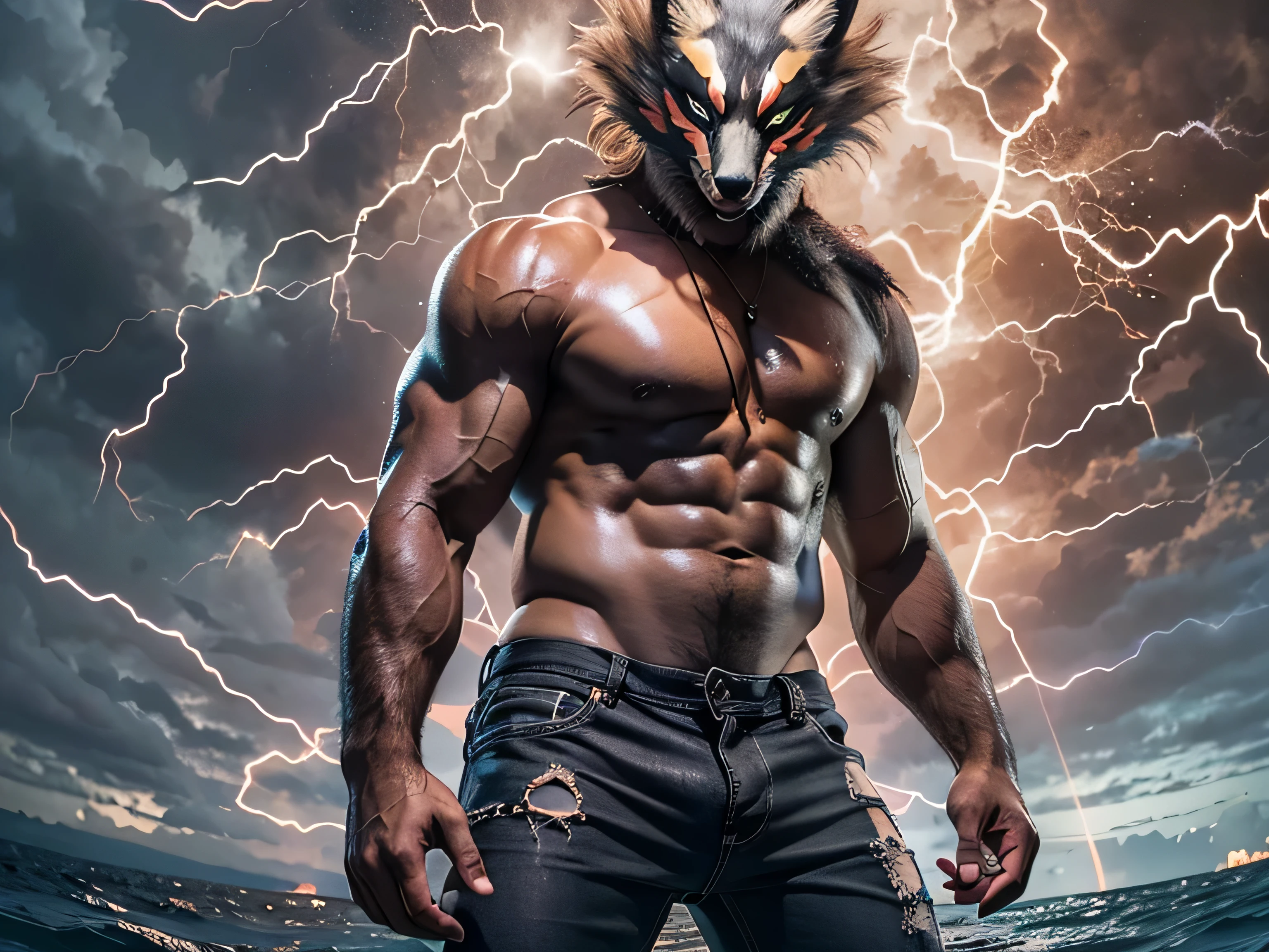 (RAW image quality:1.4), beautiful feces, bright pictures, sunlight, 8k, RAW image quality, masterpiece, highest quality, (1 male), Black Fox Mask:1.2, A man wearing a fox mask on his face:1.5, 35 year old male, blonde long hair, bodybuilder:1.4, There is a large tatu in the upper body:1.3, alone, wizard&#39;hat of, naked black pants:1.4, dark tanned skin:1.4, muscular body:1.4, 6 pack, ((small boomerang pants)), Detailed undercover investigation, beautiful blue eyes, oily skin, (sweaty skin), high quality water, super settings, Random Battle Poses, pubic hair on the lower abdomen, ((angle from below)), 8mm fisheye lens, Detailed CG image quality, The background is a stormy sea, Severe lightning strike,