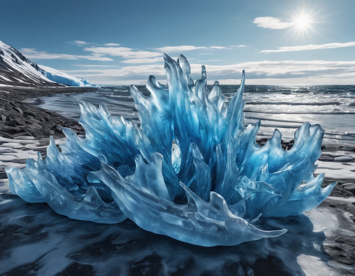 A fascinating picture on the shores of the Arctic. The sea waves instantly freeze in the harsh cold. The entire coast is covered with magnificent hyperrealistic ice sculptures similar to a variety of flowers. Water's edge. Blue monochrome. Dappled Sunlight. Hyperdetalization. Surrealism., ultra hd, realistic, vivid colors, highly detailed, UHD drawing, pen and ink, perfect composition, beautiful detailed intricate insanely detailed octane render trending on artstation, 8k artistic photography, photorealistic concept art, soft natural volumetric cinematic perfect light  .High Resolution, High Quality, Masterpiece