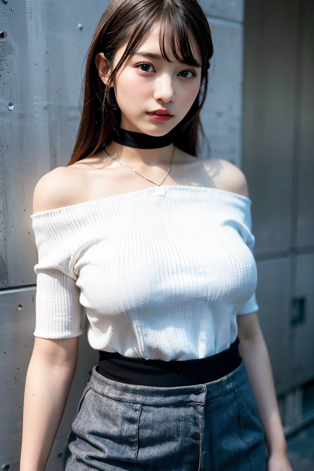 best quality, ultra high res, (photorealistic:1.4), 1girl, off-shoulder white shirt, black tight skirt, black choker, (faded ash gray hair:1), (huge breasts:1.2), looking at viewer, closeup ,