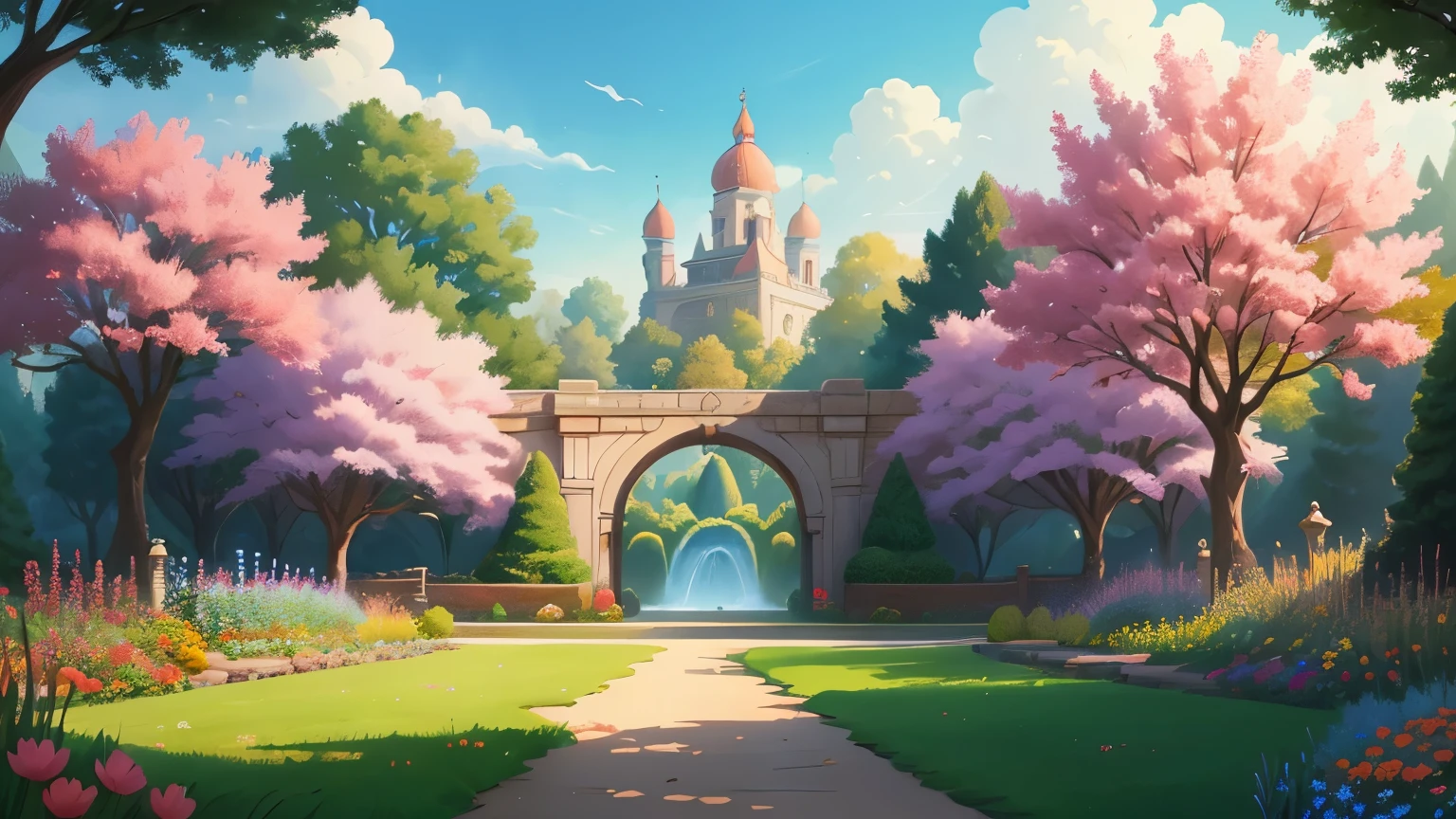 Cartoon illustration of garden with flowers, royal Garden background, background art, park background, background artwork, mobile game background, Garden background, 2D game art background,sunny park background, 2D game environment design