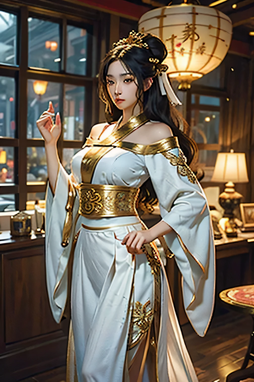 good quality, masterpiece, high resolution, (Exquisite figure: 1.5), beauty, bare shoulders, extra large breasts (2.5) wide hips, thin waist, Stunning beauty, (milky white skin: 1.3), Exquisite details, high resolution, wallpaper, 1 female, alone, skirt, Hair Accessories, (((Golden Black skirt)) ), flower, long hair, brown hair, shut up, Accessories, long sleeves, raise your hand, wide sleeves, big eyes, flowing hair, Hanfu, Hanfu, embroidery, Long skirt, natural posture, 飘落的flower瓣, indoor, Fan Ning, lantern, 16k, high dynamic range, high resolution, depth of field, (film grain: 1.1), Bokong, prime time, (lens flare), Vignetting, rainbow, (color grading: 1.5)