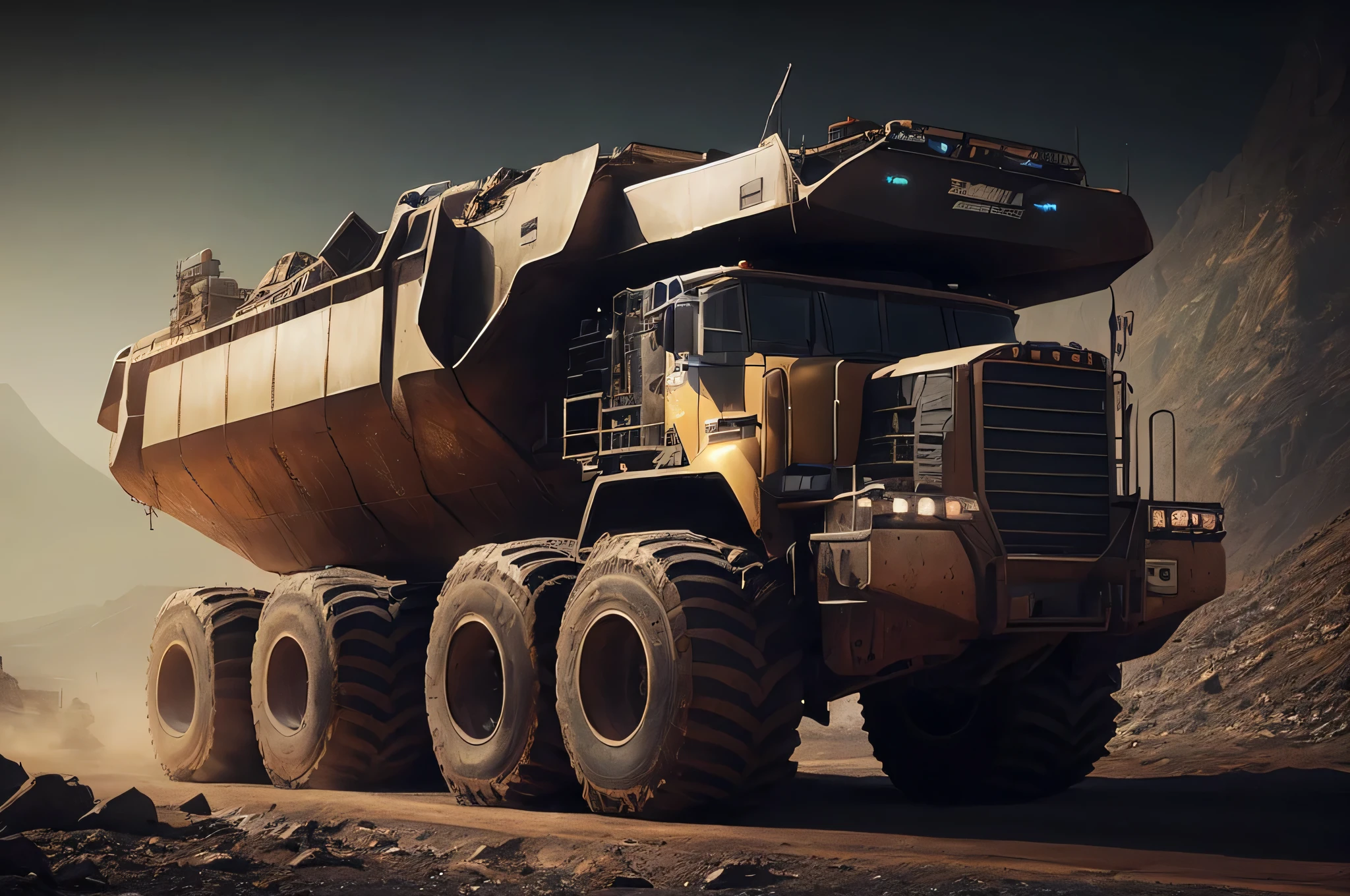 araf truck on a dirt road with a mountain in the background, highly realistic concept art, inspired by Michał Karcz, ultra realistic concept art, massive construction machines, 3 d octane render conceptart, vehicle concept photo!!, stunning photo real concept art, ultrarealistic concept art, concept art like ernest khalimov, hyperrealistic concept art, amazing concept art