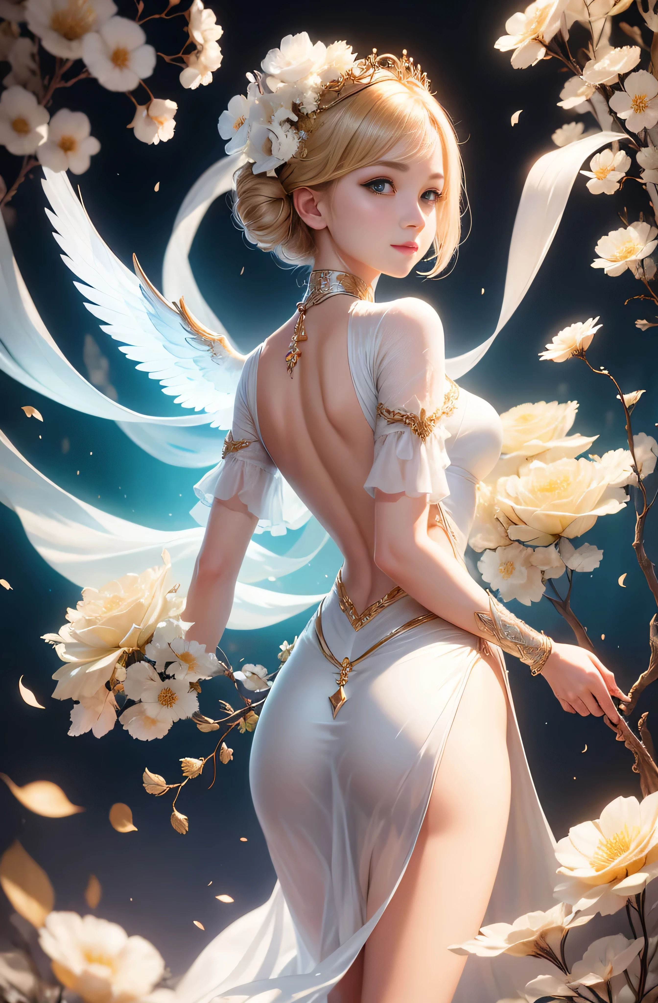 Greek warships、8k、real photos、ultra high resolution, master parts, highest quality, ticker , cinematic images,nice girl、Ann、16 years old、Annグロサクソン、double eyelid、droopy eyes、very big eyes、eye shadow、 very detailed , blonde、straight short hair、 sweet expression 、smile、attractive appearance、A little embarrassed、thin lips ,beautiful long nose、nose tip is small、very beautiful woman、long supple legs、 very clear shadow , jewelry , sexy , fine eyes, Very difficult, shiny skin , パーフェクトブリリAnnト, perfect sentence, dramatic shadow ,white tiara on head、white dress with gold embroidery、white angel wings from behind the back、white bouquet in both hands、glass high heels, perfect face