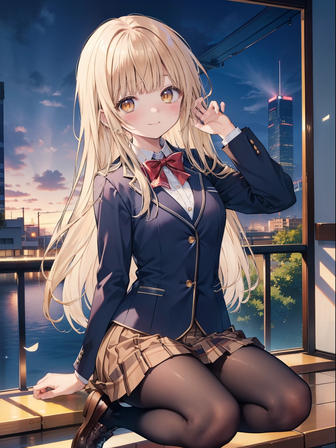 shiina mahiru, Good looking girl (long blonde hair with square bangs, big yellow eyes, blush, perfect face), wearing school uniform (blue blazer and white shirt, red bow tie, brown mini skirt, black pantyhose, brown shoes ), independent , looking at camera, masterpiece, anime art style, cute characters, most detailed, high quality、are at school、Nico Nico Smile、doing peace