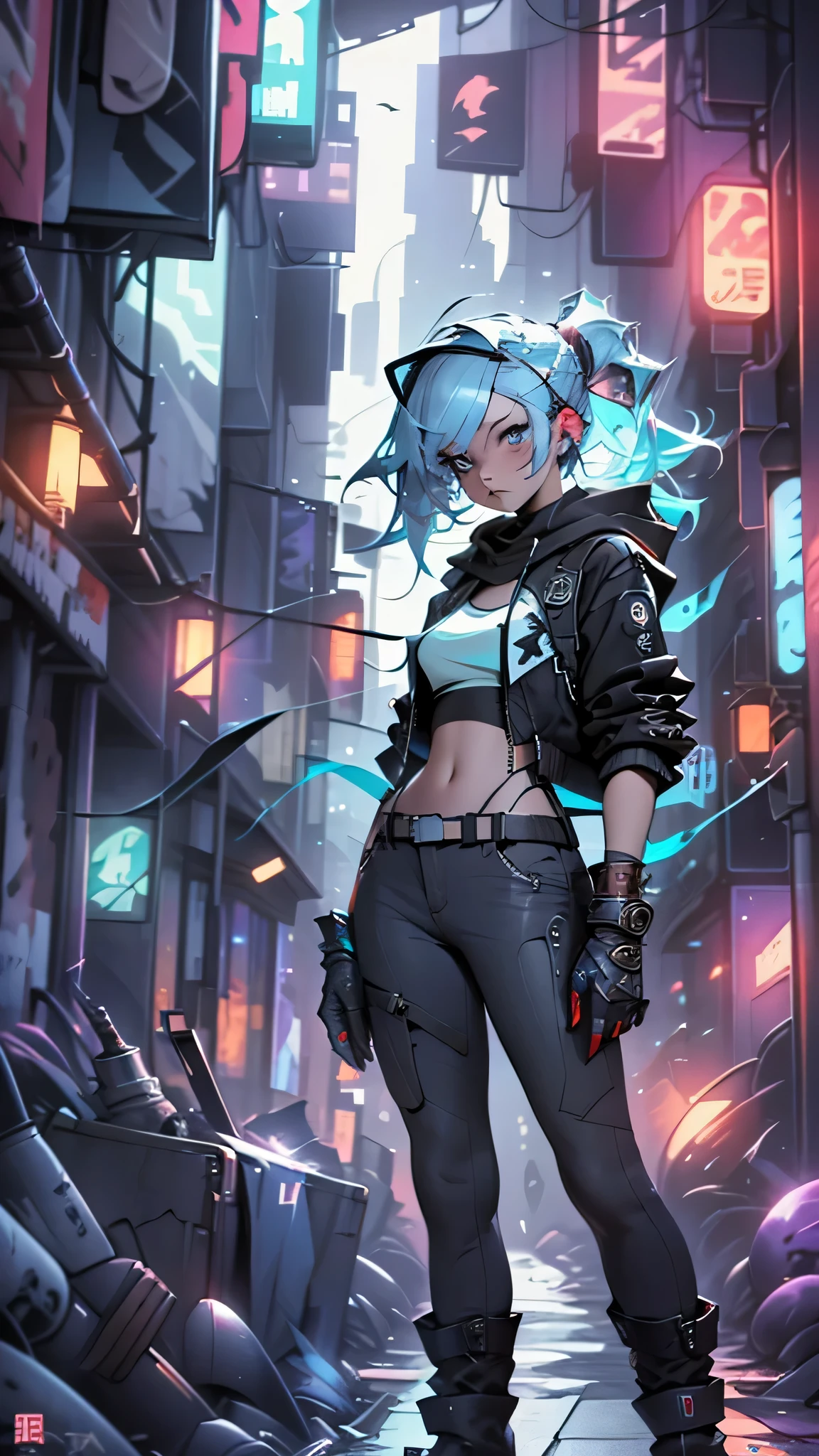 最high quality、best image quality、masterpiece、girl((20-year-old、 By becoming、vest bust、medium bust,wide open breast tea、shining eyes, light blue hair、long hair、thin,highest valley、ponytail、action of looking up、full body bandage、purple and black hoodie、berry shorts)),high quality、beautiful art、background((cyberpunk city))、Flight、debris flies、Depth of written boundary、movie、visual art、perfect art、8k,genuine、