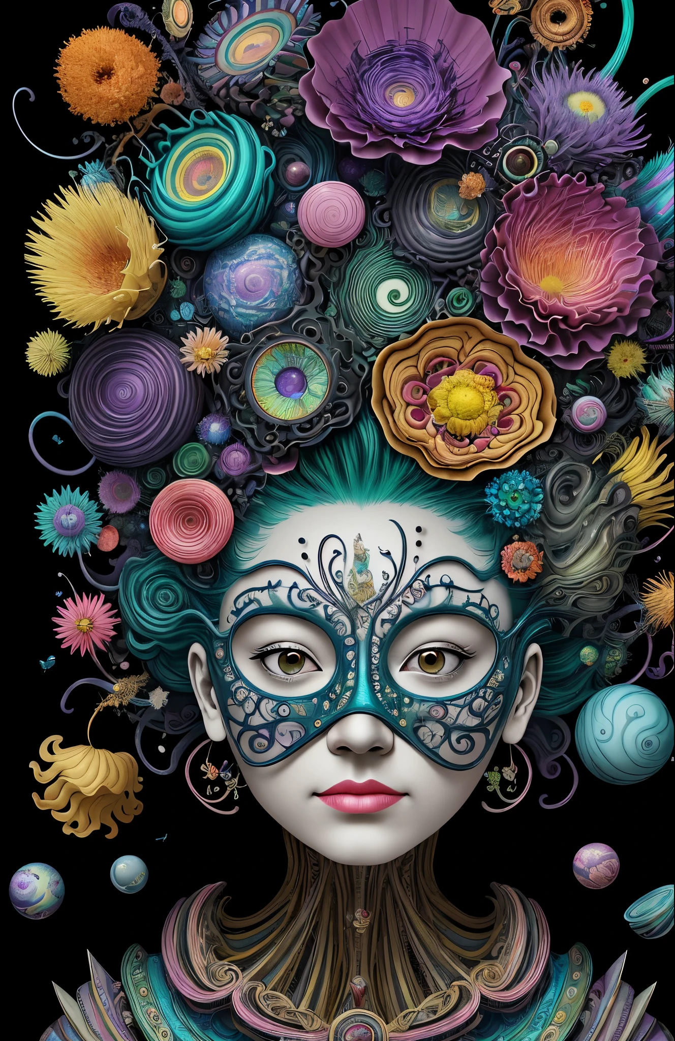 3D mask with various ordinary objects on it,blonde hair with pointed ends,texture, intricate, ornate, shadow, soft colors, 3D, mask, very detailed, decorative style, Tim Burton, Salvador Dali, Xiaolong Cheng, Cyril Rolando, inspired by J. D. Lariat, 3D stereoscopic，pop color style, Photo photo portrait surrounded by orbiting planetary satellites, green hair spiky hair, make me jealous, Mark Leyden, Alberto Seveso, brook shade, Anna Dietman, Flora Borcy, 8k resolution, perfect composition, Milky Way, rainbow colors, flying insects, scales, wing, blue, texture, complicated, Gorgeous, shadow, pastel colors,mask， 3d, Very detailed, Deco, tim burton, Dale Chihuly, Xiaolongcheng, Cyril Rolando, by J. Jitter，flowers，My head is empty，artwork，display stand，sculpture，crafts，artwork，