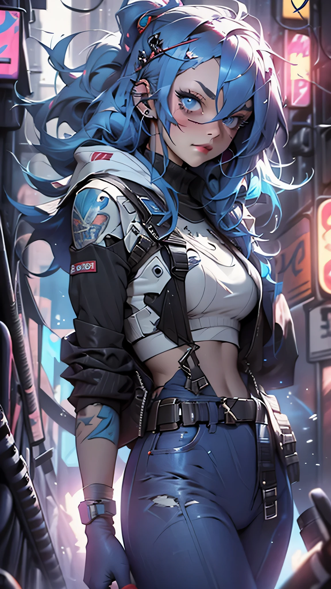 最high quality、best image quality、masterpiece、girl((20-year-old、 By becoming、vest bust、medium bust,wide open breast tea、shining eyes, light blue hair、long hair、thin,highest valley、ponytail、action of looking up、full body bandage、purple and black hoodie、berry shorts)),high quality、beautiful art、background((cyberpunk city))、Flight、debris flies、Depth of written boundary、movie、visual art、perfect art、8k,genuine、