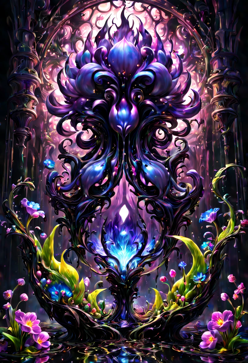 sea of flowers, aesthetic, twisted glass of alien flowers frilled tulips dripping black Purple violets, vines Lava oil slick. LED lights. Scifi, fantastical, hyperdetailed complementary colors, fractal mandelbulb, detailed matte painting, deep color, fantastical, intricate detail, splash screen, complementary colors, fantasy concept art, 8k resolution trending on Artstation Unreal Engine 5