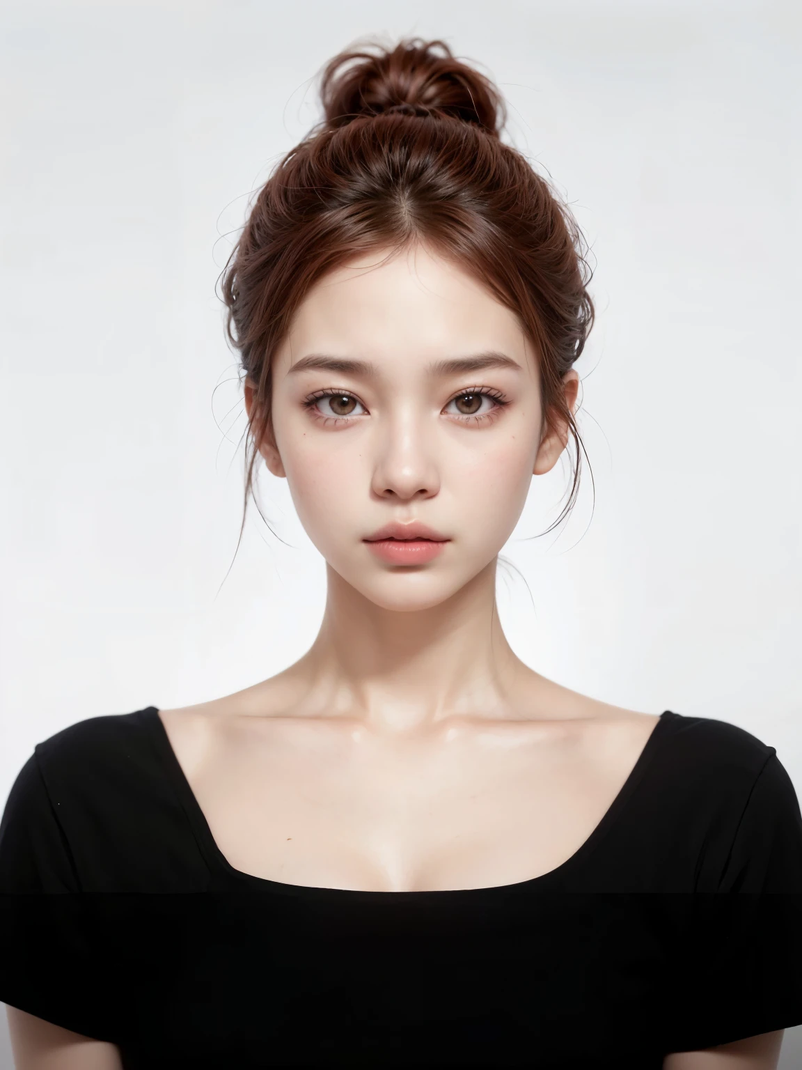 Un primer plano de una mujer con una blusa negra y cabello rojo, south east asian con cara redonda, korean symmetrical face, rasgos de la cara coreana, Jennie rosa negra, single realista face, realista. cheng yi, inspirado en Yanjun Cheng, realista face and body hybrid, con cara redonda, inspirado en Russell Dongjun Lu, realista digital painting, retrato de jossi de blackpink