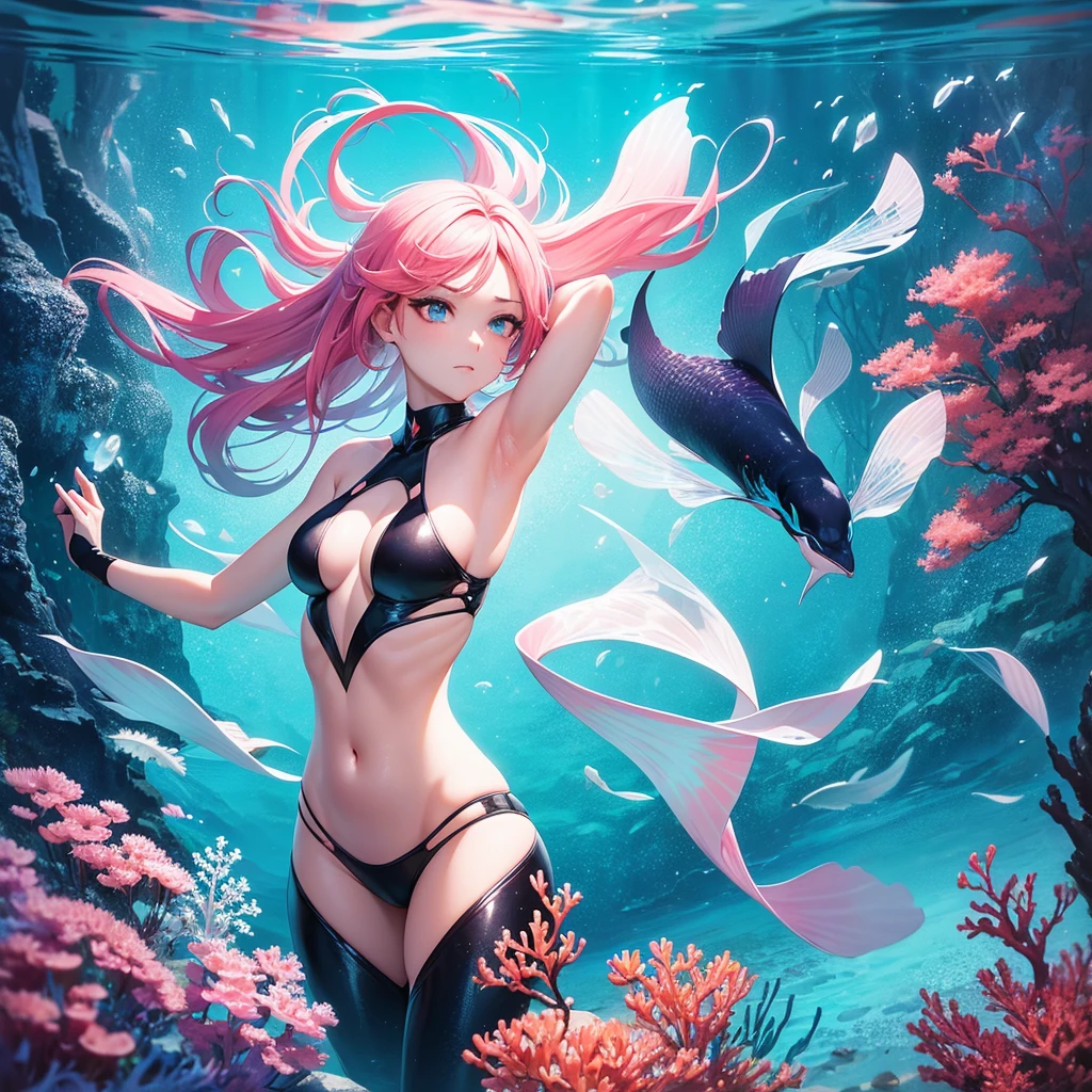(a sexy young woman:1.2) spearfishing in a (magical:1.2) sea, surrounded by (brightly colored:1.1) fish that are (beautifully shaped, many varieties)[flowers:0.9]. The woman is wearing (a sleek wetsuit, vibrant bikini), while her (wavy:1.1) hair gracefully moves with the water. Her (mesmerizing blue:1.1) eyes are (luminous:1.1) and filled with determination. She holds a (spear gun) in her hand, poised to strike at the perfect moment.

The sea is (crystal clear:1.1) and shimmers with (magical sparkles:1.1). The water is filled with (vibrant colors:1.1), radiating a surreal and enchanting atmosphere. The (gentle waves:1.1) create a rhythmic motion, revealing the depth and hidden wonders beneath.

The (underwater landscape:1.1) is adorned with (glowing coral reefs:1.1) in various shapes and sizes. The vibrant corals act as natural canvases, showcasing the colorful fish flowers in all their glory. The flowers are (exquisitely detailed:1.1) and (in full bloom:1.1), their petals dancing with the ocean currents. Each fish flower possesses a unique pattern and hue, creating a breathtaking underwater garden.

The (sunlight:1.1) filters through the water, casting (soft rays of light) that illuminate the scene, adding an ethereal touch. The (subtle play of light and shadow) creates a sense of depth and dimension, enhancing the overall visual impact.

The woman's movements are (graceful:1.1) and (powerful:1.1), as she navigates through the enchanting underwater world. Her streamlined body moves with ease and agility, showcasing her connection with the sea.

The overall image is of (best quality:1.2), with ultra-detailed depiction of the woman, fish flowers, and underwater landscape. The colors are (vivid:1.1) and (saturated:1.1), reflecting the fantastical nature of the scene. The scene exudes a (magical ambiance:1.1), leaving viewers captivated by its beauty.

[HDR] lighting accentuates the vibrant colors and adds a dynamic range to the image. The (sharp focus) ensures every detail is visible, allowing viewers to appreciate the intricate beauty of the fish flowers. The (physically-based rendering) technique lends a realistic texture and materiality to the elements.

In summary, a (sexy young woman:1.1) spearfishing in a (magical:1.1) sea, surrounded by (brightly colored:1.1) fish that are (beautifully shaped, many varieties)[flowers:0.9]. The underwater world is filled with (glowing coral reefs:1.1) and (vibrant colors), creating an enchanting and surreal experience. The image is of (best quality, ultra-detailed:1.2), with vivid colors, (HDR lighting), and a touch of magic.