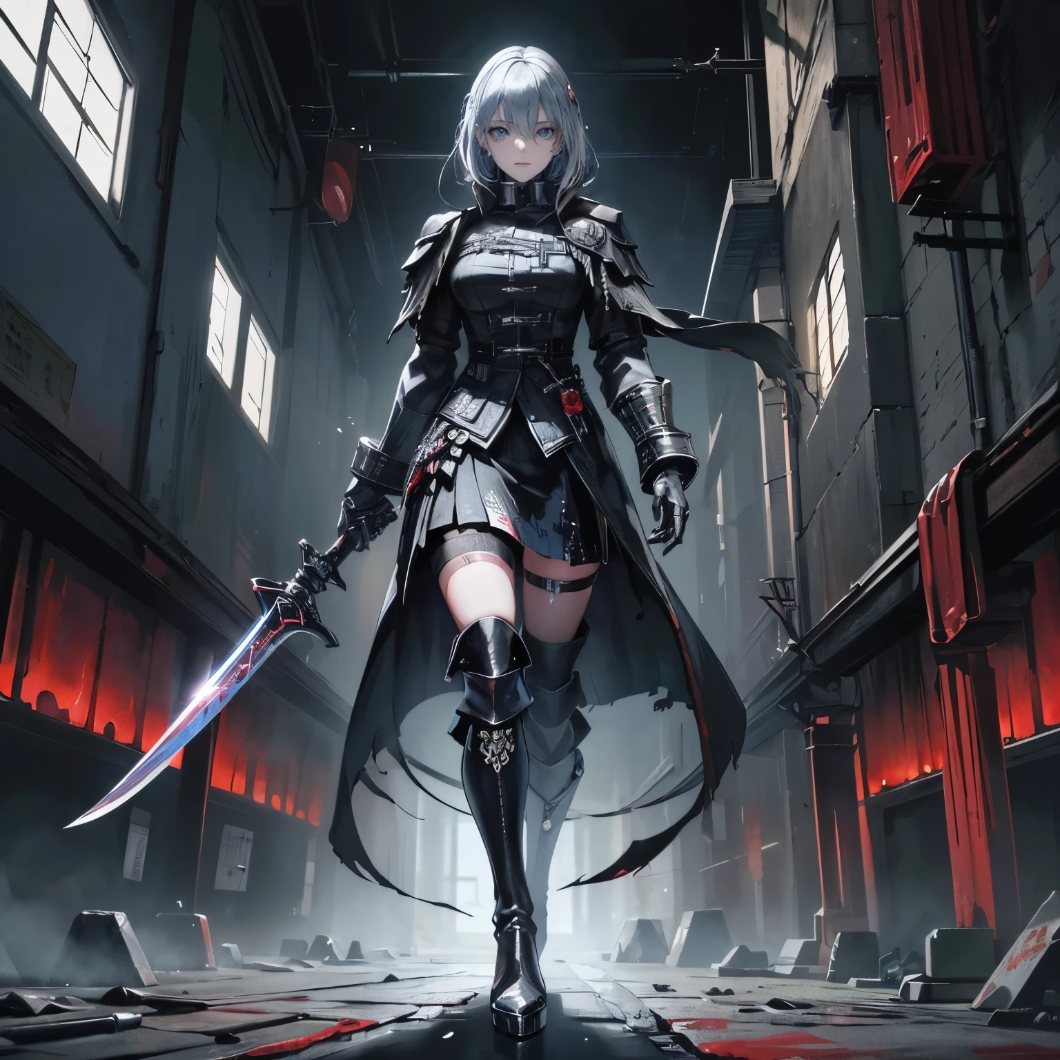 masterpiece、high quality、Cyberpunk、dark fantasy、DARK SOULS、Bloodborne、In a brutal world、High school girl holding a sword（blue eye、silver hair、swordsman）、uniform（y shirt、cutter shirt、blazer、skirt、long coat）Wear cyberpunk boots（high heels、high boots）、Wield a giant sword、Bloodstained