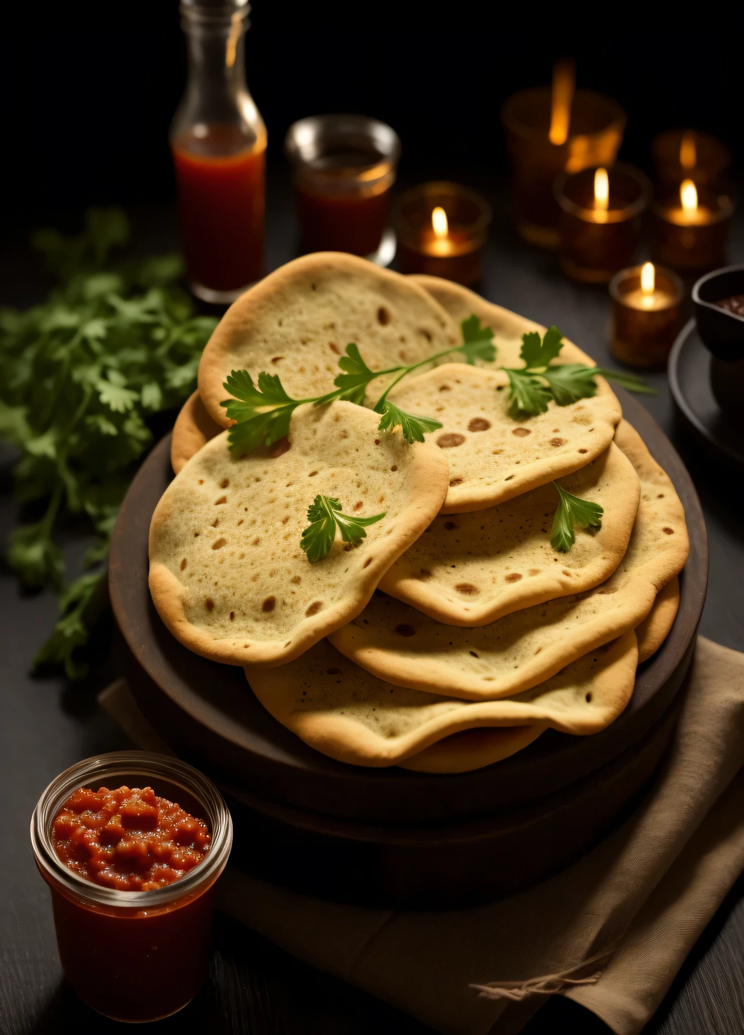 araffy flatbreads with a side of salsa and herbs, shutterstock, portrait shot, istock, middle eastern, recipe, calzone zone, ethnic, easy go, easy, cuisine, indian, moroccan, bread, warm glow, rustic, crispy buns, onyx, on a dark background, high quality food photography, on black background, exclusive, breads