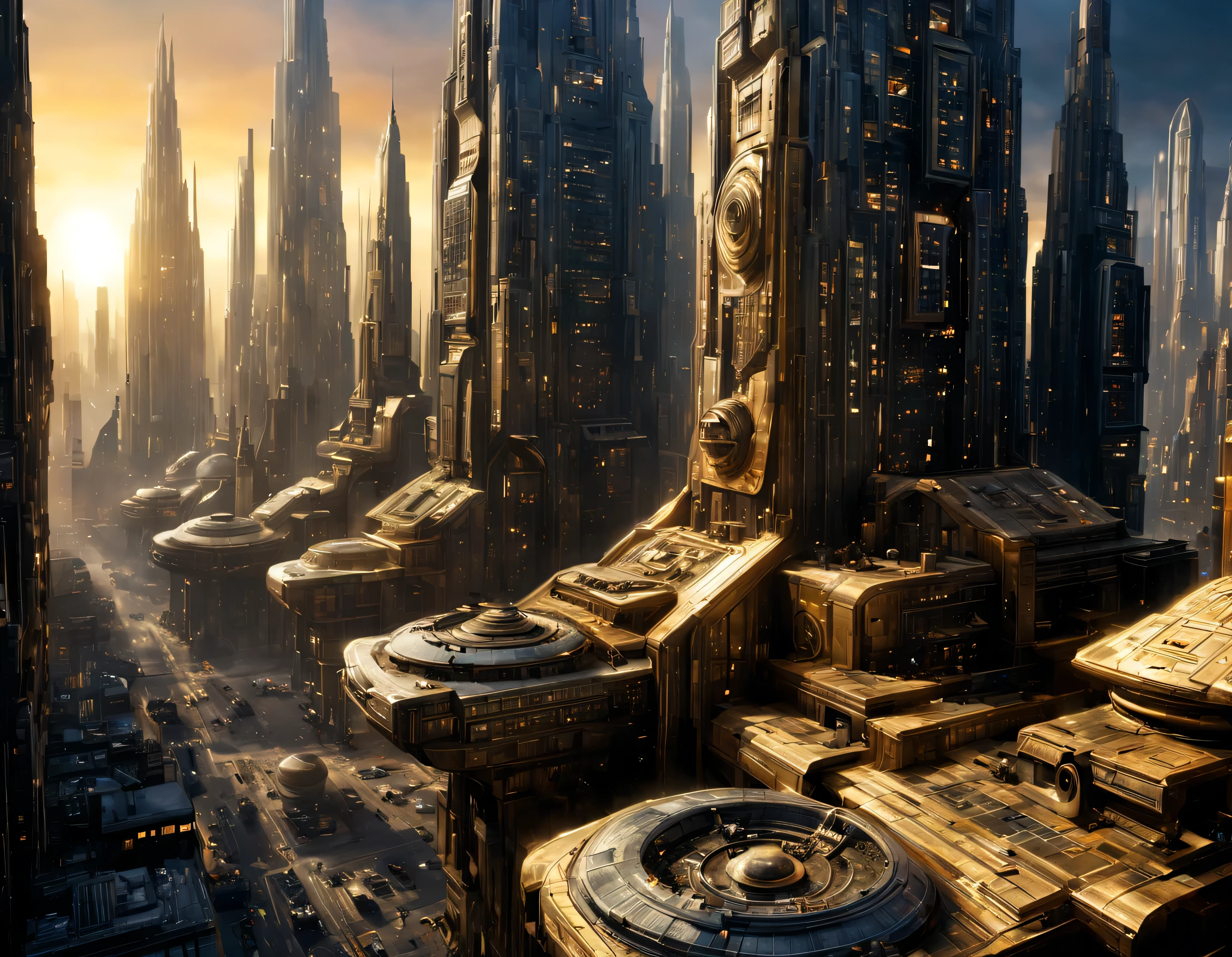 (iluminacion hora dorada), (The city of Coruscant from Star Wars as designed by Doug Chiang), futuristic fantasy city with immense buildings of technological design (que forman una avenida infinita), non-blurred compact buildings with metallic y acristalada appearance ovalados y dodecaedricos, luces en ventanas en edificios, daylight lighting with sun, con estructuras acristaladas espectaculares, en las que abundan el oro, plata y bronce, (con colores vivos). pavimento ensolado (sin brillo). gente paseando. imagen bien definida con muchos edificios juntos. sharp well defined 8k image. los edificios llegan alta el fondo.,8k. cinematographic image. ((obra maestra de superior calidad)). (renderizado 3D). fondo nitido.