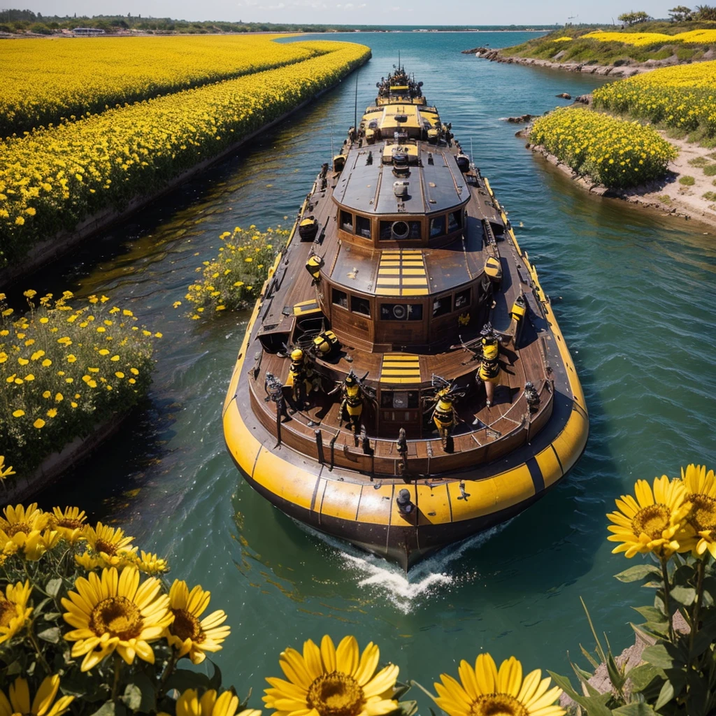 A (classic world war 2 dreadnought with a bumble bee color scheme and a sexy female crew) navigate a sea of flowers (brightly colored, many varieties