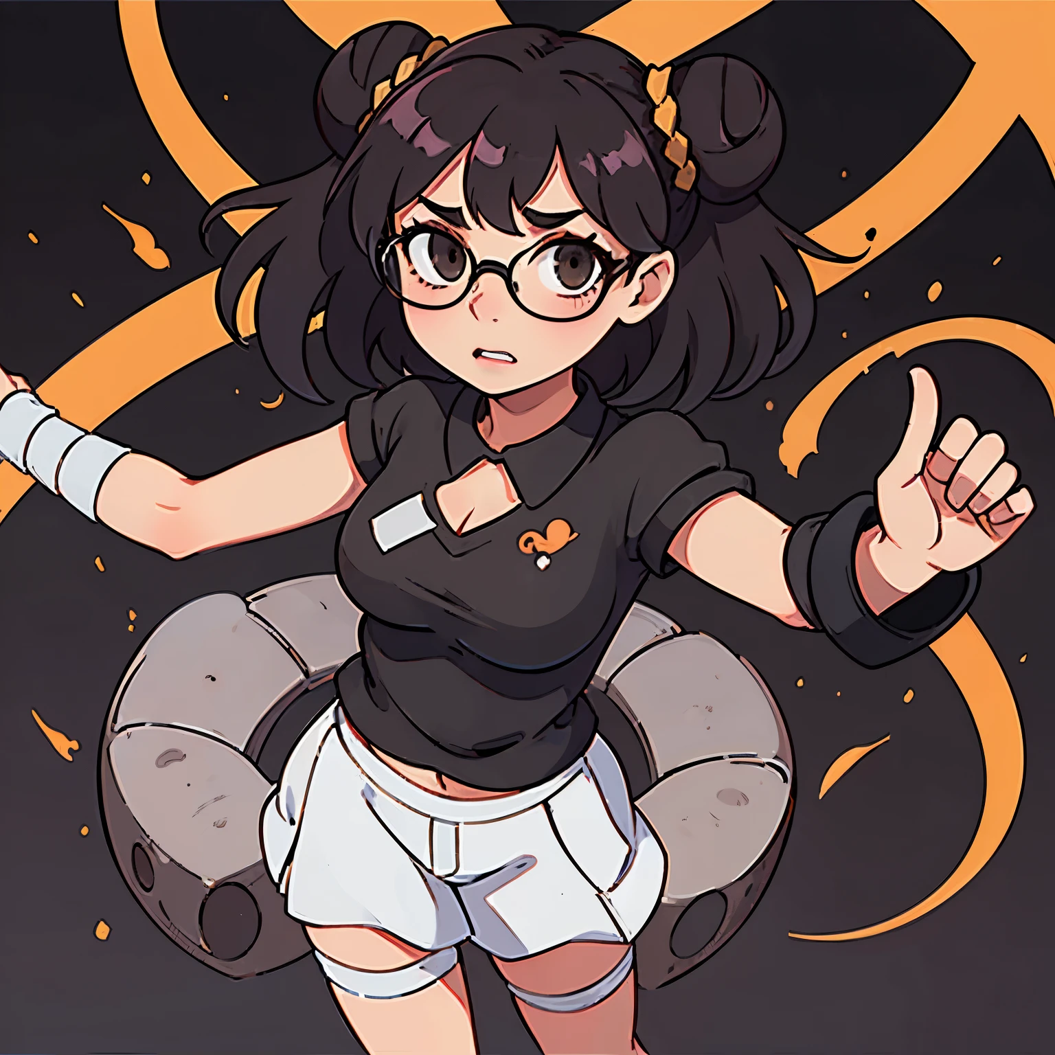 1girl, glasses, solo, black hair, simple background, black background, bandages, naked bandage, round eyewear, opaque glasses, looking at viewer, horror \(theme\), mummy costume, brown skintone, bangs, wavy hair, facing viewer, short hair, navel, hair bun, standing, full body, box, virtual youtuber, costume, black-framed eyewear, breasts, straight-on, curly hair, medium hair, cosplay, outstretched arms, shadow, long hair, parody, bandaged leg, black eyes, sarashi, halloween, double bun, blood, large breasts, ahoge