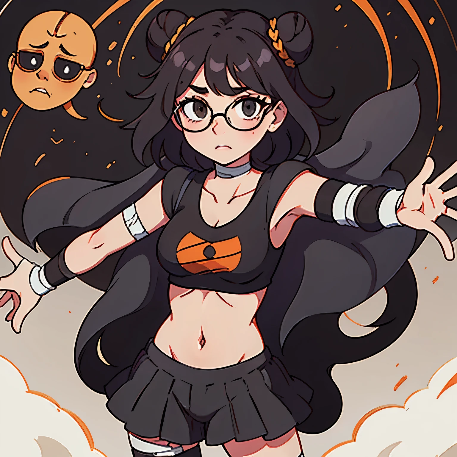 1girl, glasses, solo, black hair, simple background, black background, bandages, naked bandage, round eyewear, opaque glasses, looking at viewer, horror \(theme\), mummy costume, brown skintone, bangs, wavy hair, facing viewer, short hair, navel, hair bun, standing, full body, box, virtual youtuber, costume, black-framed eyewear, breasts, straight-on, curly hair, medium hair, cosplay, outstretched arms, shadow, long hair, parody, bandaged leg, black eyes, sarashi, halloween, double bun, blood, large breasts, ahoge