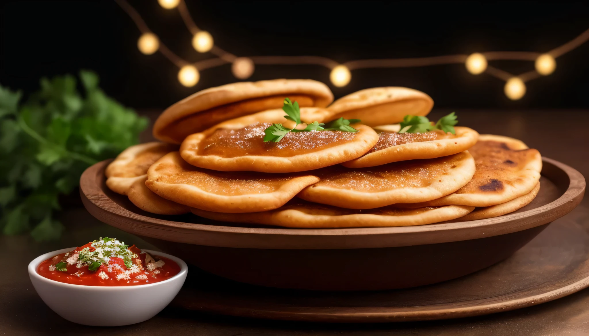 araffy flatbreads with a side of salsa and herbs, shutterstock, portrait shot, istock, middle eastern, recipe, calzone zone, ethnic, easy go, easy, cuisine, indian, moroccan, bread, warm glow, rustic, crispy buns, onyx, on a dark background, high quality food photography, on black background, exclusive, breads