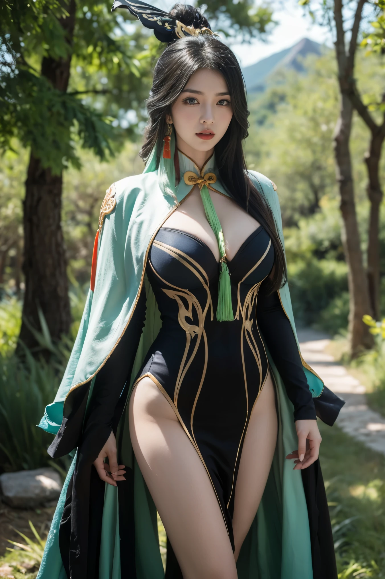 Sexy beautiful girl standing on fantasy forest, nice body big , xianyun character genshin impact, ((xianyun)), 4k HD photo , maáterpiece, fantasy moutain backdrop