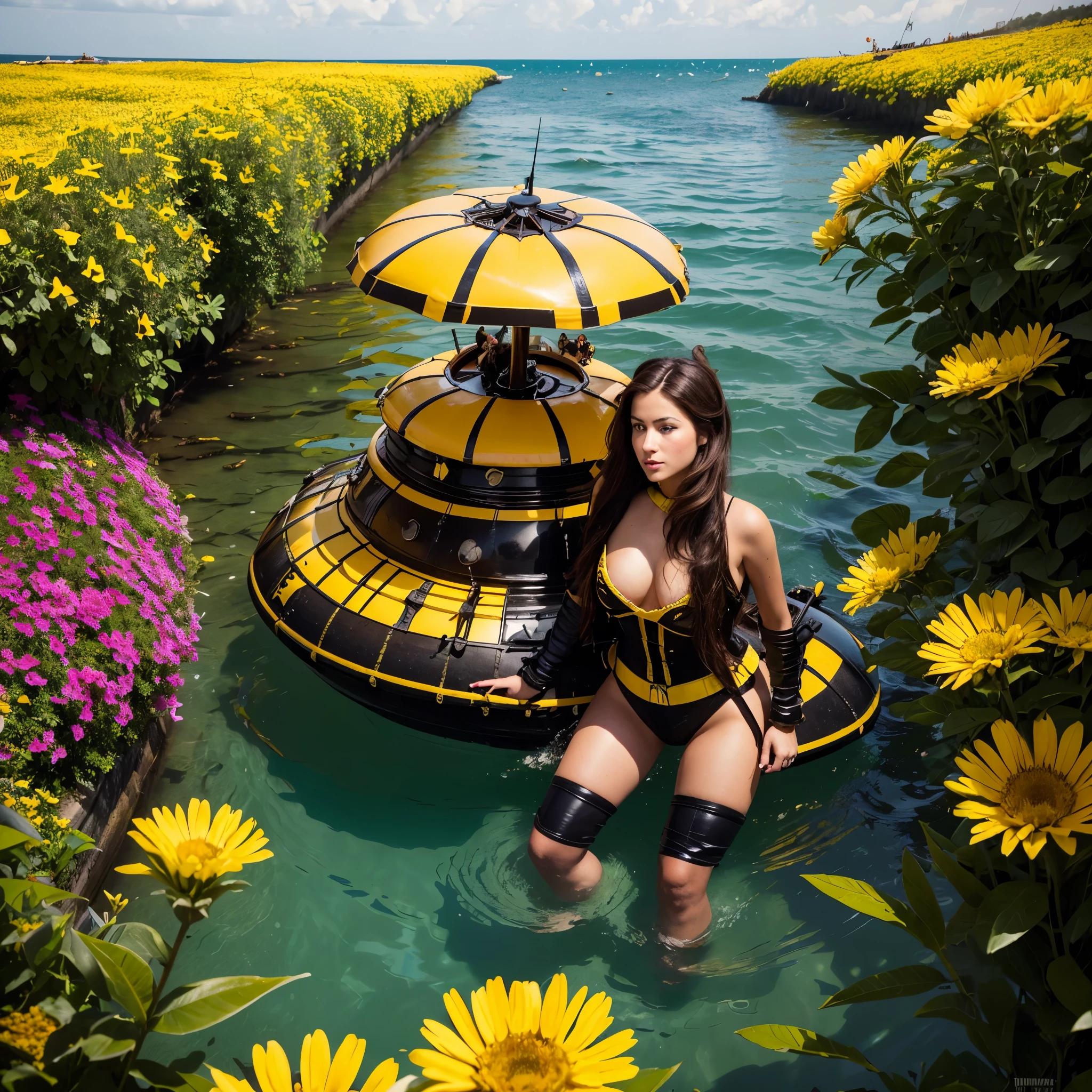 A (classic world war 2 dreadnought with a bumble bee color scheme and a sexy female crew) navigate a sea of flowers (brightly colored, many varieties