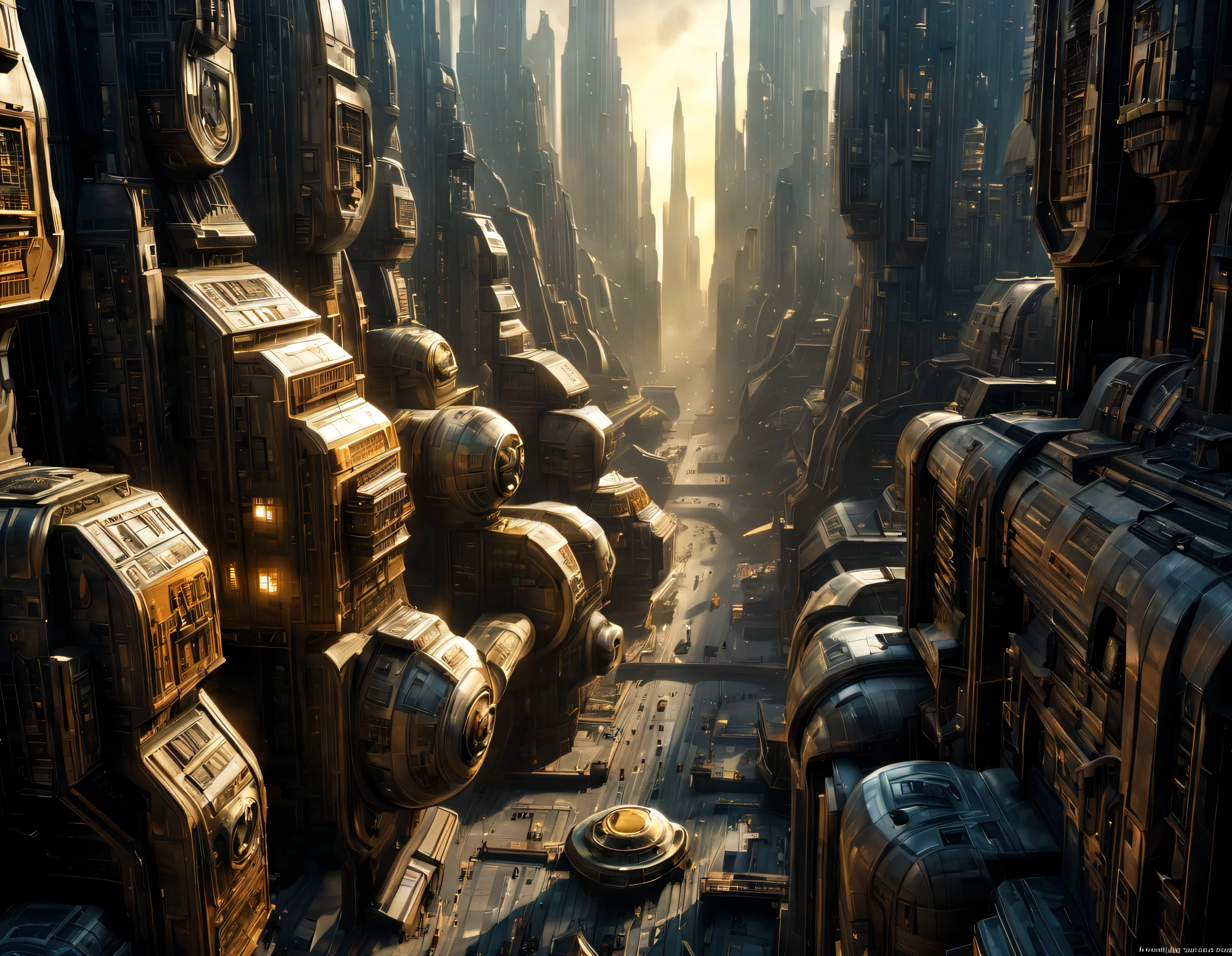 (iluminacion hora dorada), (The city of Coruscant from Star Wars as designed by Doug Chiang), futuristic fantasy city with immense buildings of technological design (que forman una avenida infinita), non-blurred compact buildings with metallic y acristalada appearance ovalados y dodecaedricos, luces en ventanas en edificios, daylight lighting with sun, con estructuras acristaladas espectaculares, en las que abundan el oro, plata y bronce, (con colores vivos). pavimento ensolado (sin brillo). gente paseando. imagen bien definida con muchos edificios juntos. sharp well defined 8k image. los edificios llegan alta el fondo.,8k. cinematographic image. ((obra maestra de superior calidad)). (renderizado 3D). fondo nitido.