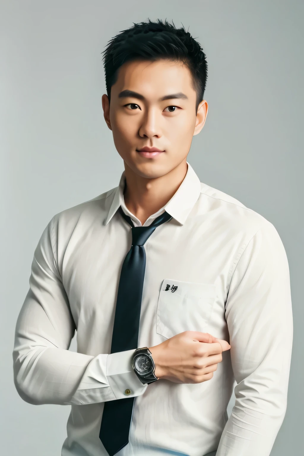 1man,
 a 30 y.o muscular half-filipino half-korean male model actor wearing long-sleeve white shirt and tie, with a watch, upper body, 
in camera studio with 3 flash, soft lighting, 
masterpiece, best quality, 8k uhd, dslr, film grain, Fujifilm XT3 photorealistic painting art by midjourney and greg rutkowski