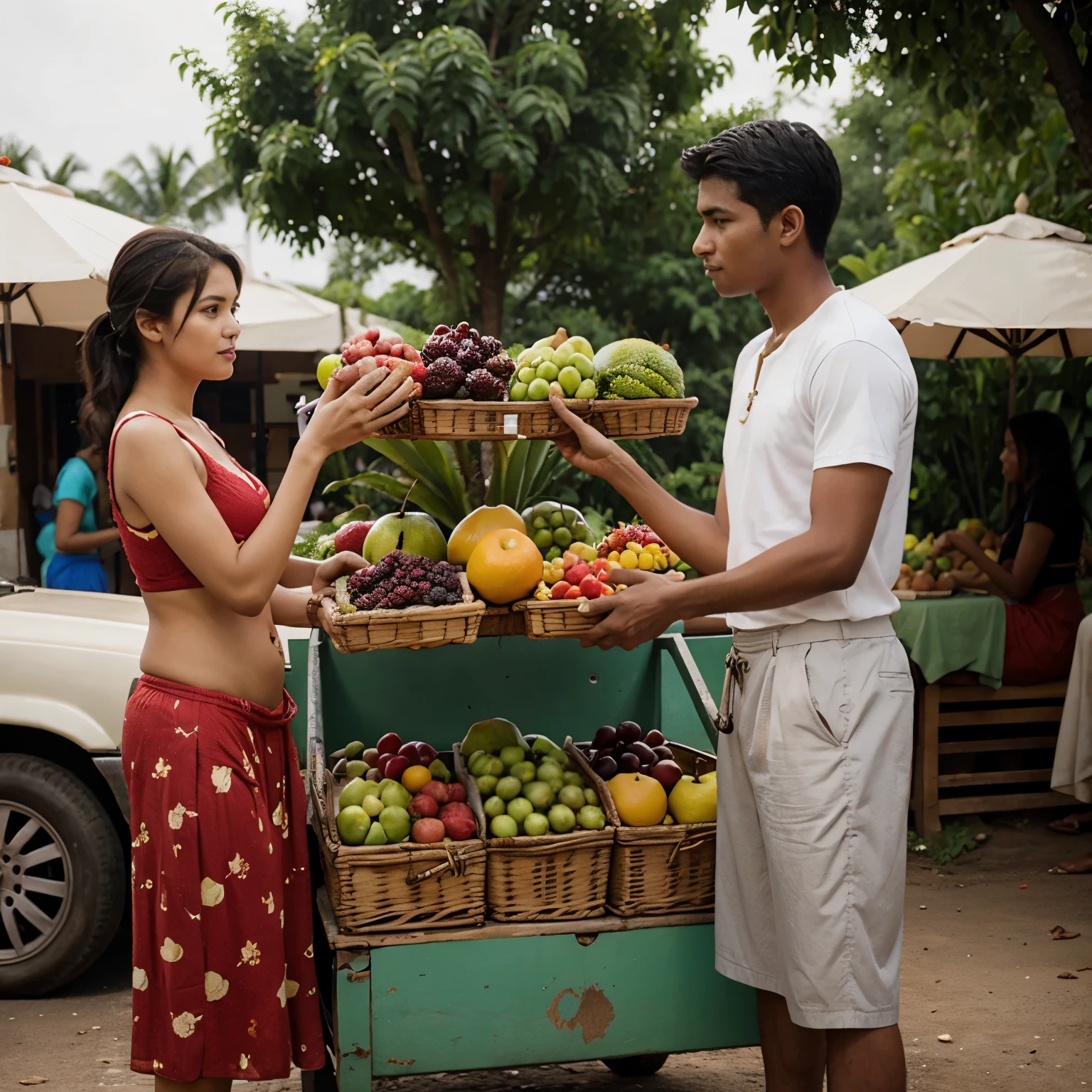Fruits selling man selling to two women