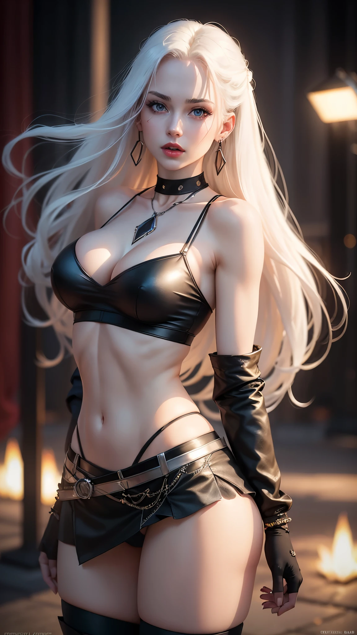 1 beautiful woman, 25 years old, pale white skin, very long white hair, bright blue eyes, detailed eyes, perfect body, perfect abdomen, perfectly rounded butt, makeup, red lips, delicate earrings, delicate necklace, choker, hair bow , bracelets, accessories, black top (tight) (underboobiniskirt, skirt lift, windblown high stockings, black boots, sexy pose, radiant photo, blurred, at night, mix4, (8k, RAW photo, best quality, masterpiece: 1.2), (realistic, photorealistic: 1.37), professional lighting, photon mapping, radiosity, physical representation,