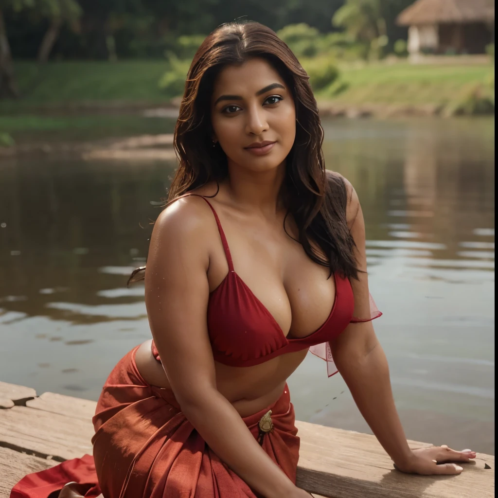 1girl, sexy, 45 years old Indian woman, (mature woman:1.3), looking at camera, smiling, lustful eyes, middle aged bhabhi, sitting lake side,  village area, (freckles:0.2), long straight hair, thick line wet body, at river side , hires, (photorealistic:1.4), wide shot, full body photo, beautiful fluffy saree, thick curvy aunty, highly detailed, hyper realistic, traditional red saree, wind blowing, big chest, dusky skin, most beautiful woman, beautiful body, beautiful eyes nose lips, superb lighting, shot from above, shot from some distance, wide angle view