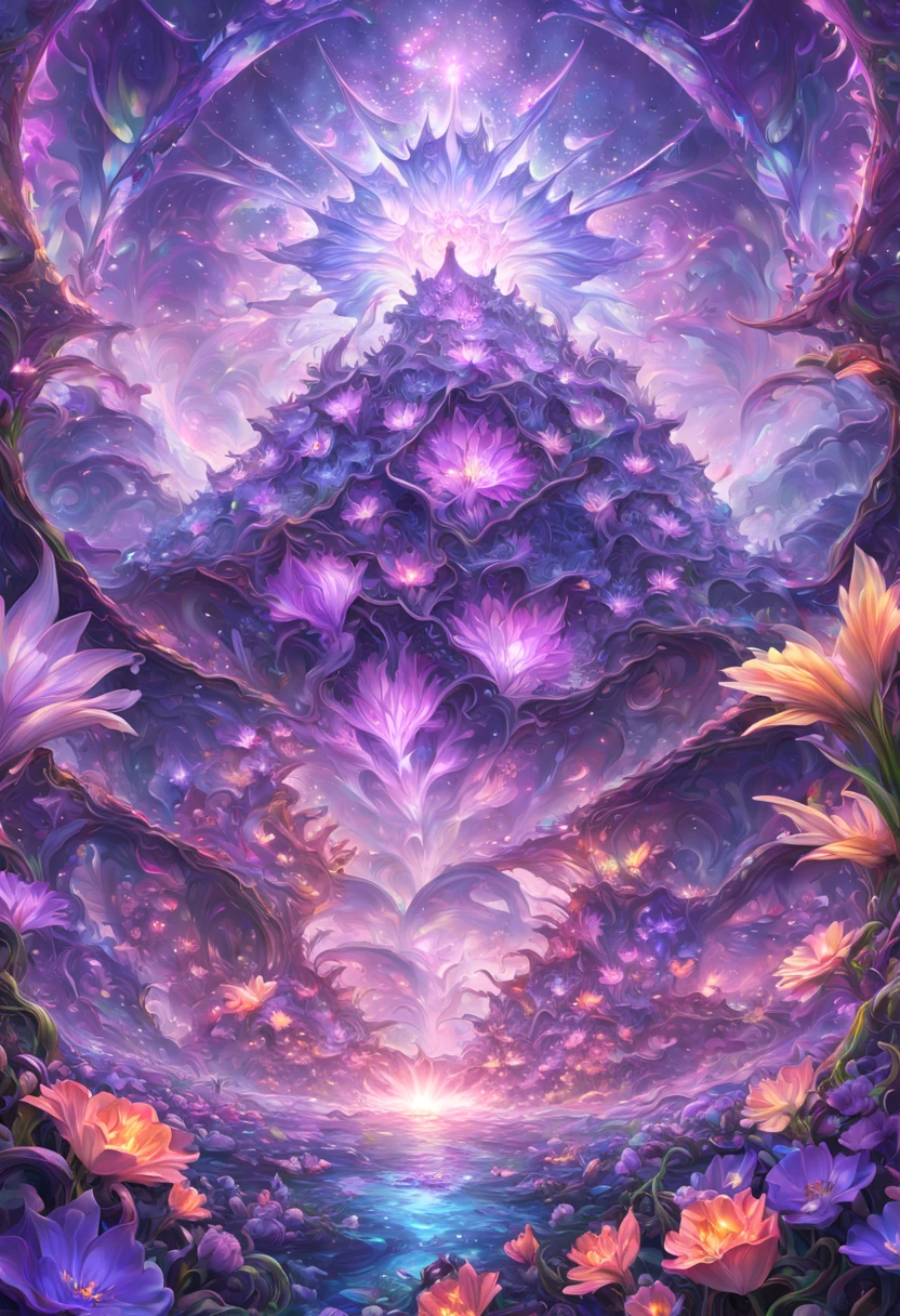 sea of flowers, aesthetic, twisted glass of alien flowers frilled tulips dripping black Purple violets, vines Lava oil slick. LED lights. Scifi, fantastical, hyperdetailed complementary colors, fractal mandelbulb, detailed matte painting, deep color, fantastical, intricate detail, splash screen, complementary colors, fantasy concept art, 8k resolution trending on Artstation Unreal Engine 5