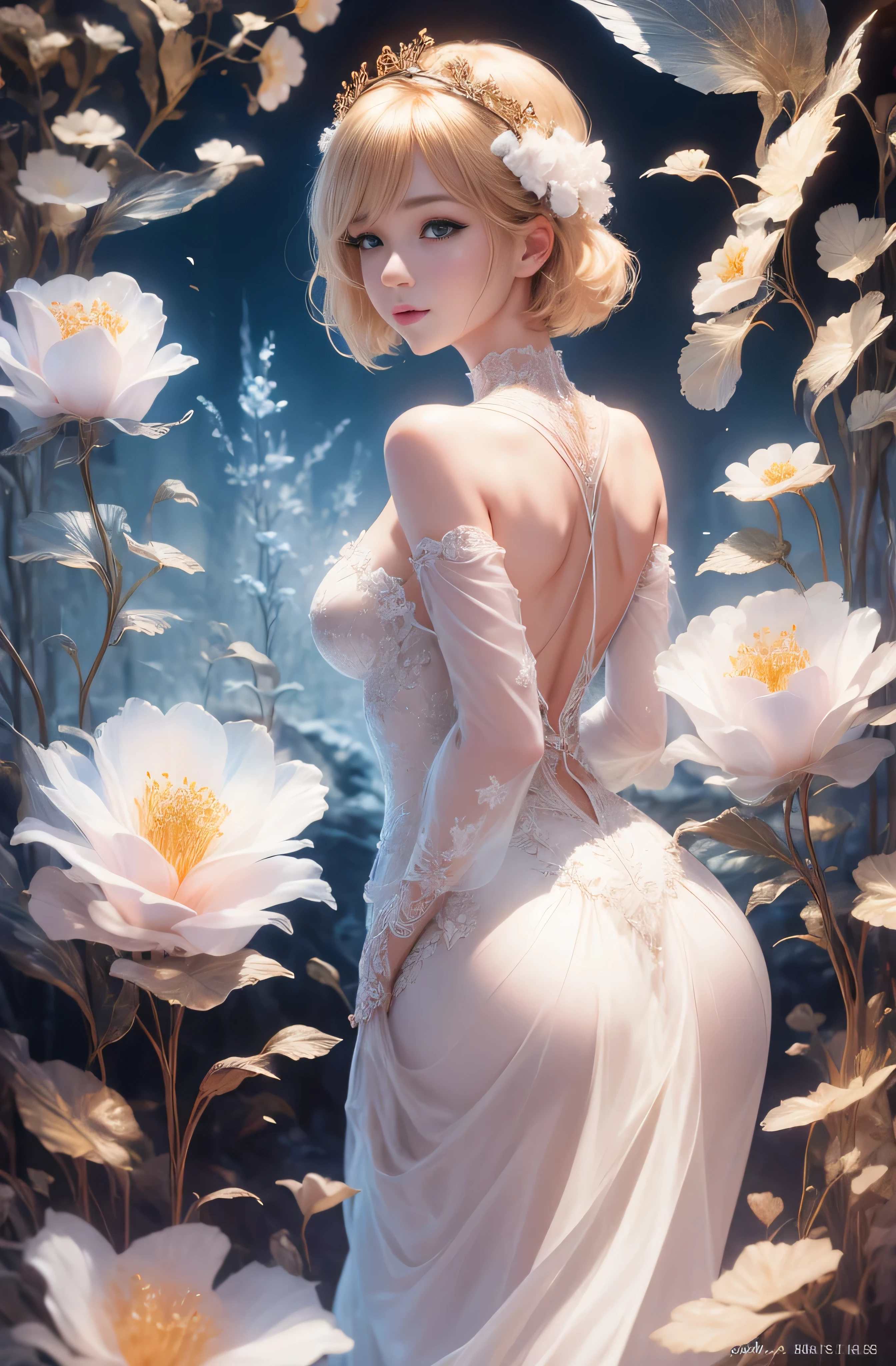 Greek warships、8k、real photos、ultra high resolution, master parts, highest quality, ticker , cinematic images,nice girl、Ann、、Annグロサクソン、double eyelid、droopy eyes、very big eyes、eye shadow、 very detailed , blonde、straight short hair、 sweet expression 、smile、attractive appearance、A little embarrassed、thin lips ,beautiful long nose、nose tip is small、very beautiful woman、long supple legs、 very clear shadow , jewelry , sexy , fine eyes, Very difficult, shiny skin , パーフェクトブリリAnnト, perfect sentence, dramatic shadow ,white tiara on head、white dress with gold embroidery、white angel wings from behind the back、white bouquet in both hands、glass high heels