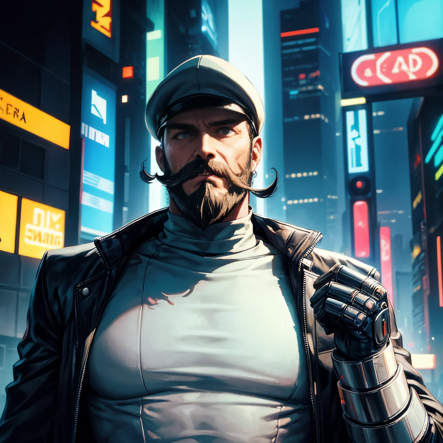 Tall man in cyberpunk style. cap on his head. beard and mustache. One biorobot arm.