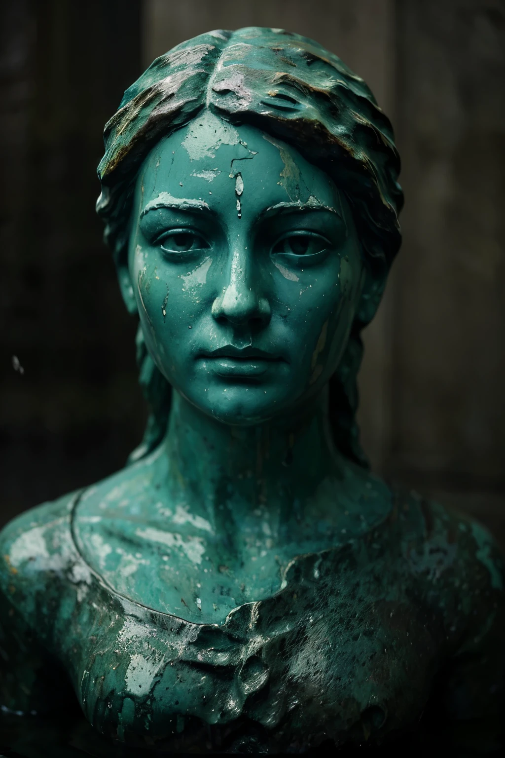 A masterful oil painting of a stone statue that seems to be weeping paint. The statue's face is intricately detailed, with a visage of deep sadness and longing. The thick, textured paint creates a sense of depth and dimension, with shades of blue and green on the statue's stone face. The paint drips down, forming a puddle beneath the statue, which adds to the overall melancholic atmosphere of the artwork.