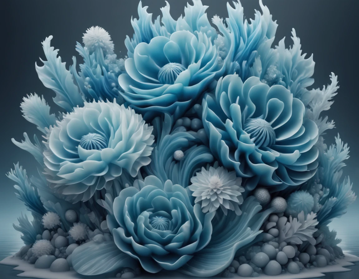 Arctic shoreline as hyperrealistic ice sculptures mimicking an array of flowers, sea waves caught in mid-freeze, adopting Alberto Seveso and Dale Chihuly influences, bathed in a blue monochrome palette, watercolor mingling with surrealism, trending on artstation, sharp focus, studio photo essence, intricacies akin to a Greg Rutkowski creation, ultra detailed. Removed Fro, 8k artistic photography, photorealistic concept art, soft natural volumetric cinematic perfect light .High Resolution, High Quality, Masterpiece