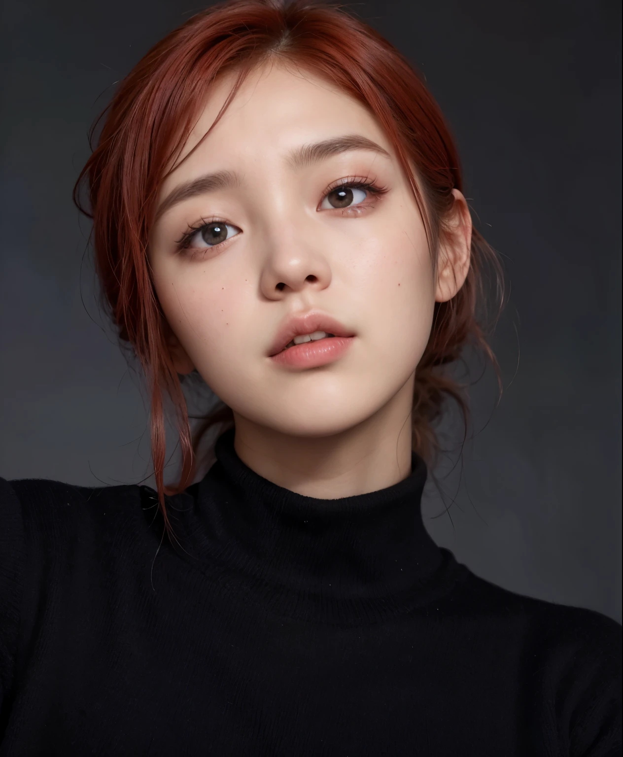 un primer plano de una mujer pelirroja con cuello de tortuga negro, portrait of jossi de blackpink, parque roseanne de blackpink, jossi de blackpink, heonhwa choe, sun yunjoo, kim taejin, Jennie rosa negra, aparcar desde-min, retrato de jisoo blackpink, Lulu Chen, lee ji - eun, yanjun chengt, lee ji-eun