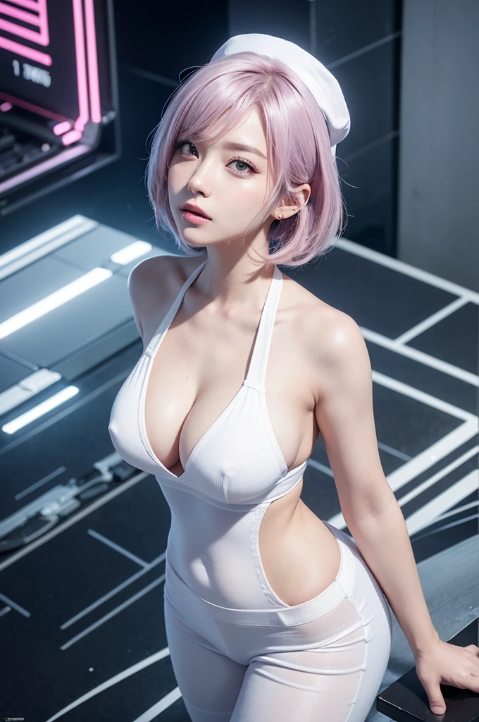 (8K, Raw foto, Best Quality, mastery:1.2), (realisitic, Realistis:1.37),(kpop-idol), (aegyo sal:1),Cute,Professional Lighting, photons mapping, radiosity, physics based rendering , , lucy \(The cyberpunk\), bob cuts, mechanical parts, Grey eyes, short soft pink hair, wearing white nurse cap and white Tight Suit with purple blue gradient essence, cyberpunk city, white pants, natta, neon lit, Sexy, smoke, looking up at viewer,, 8K High Resolution, 8K, CG wallpapers, realitic, clear background, big Tits, Body, pink nipple, without cloths