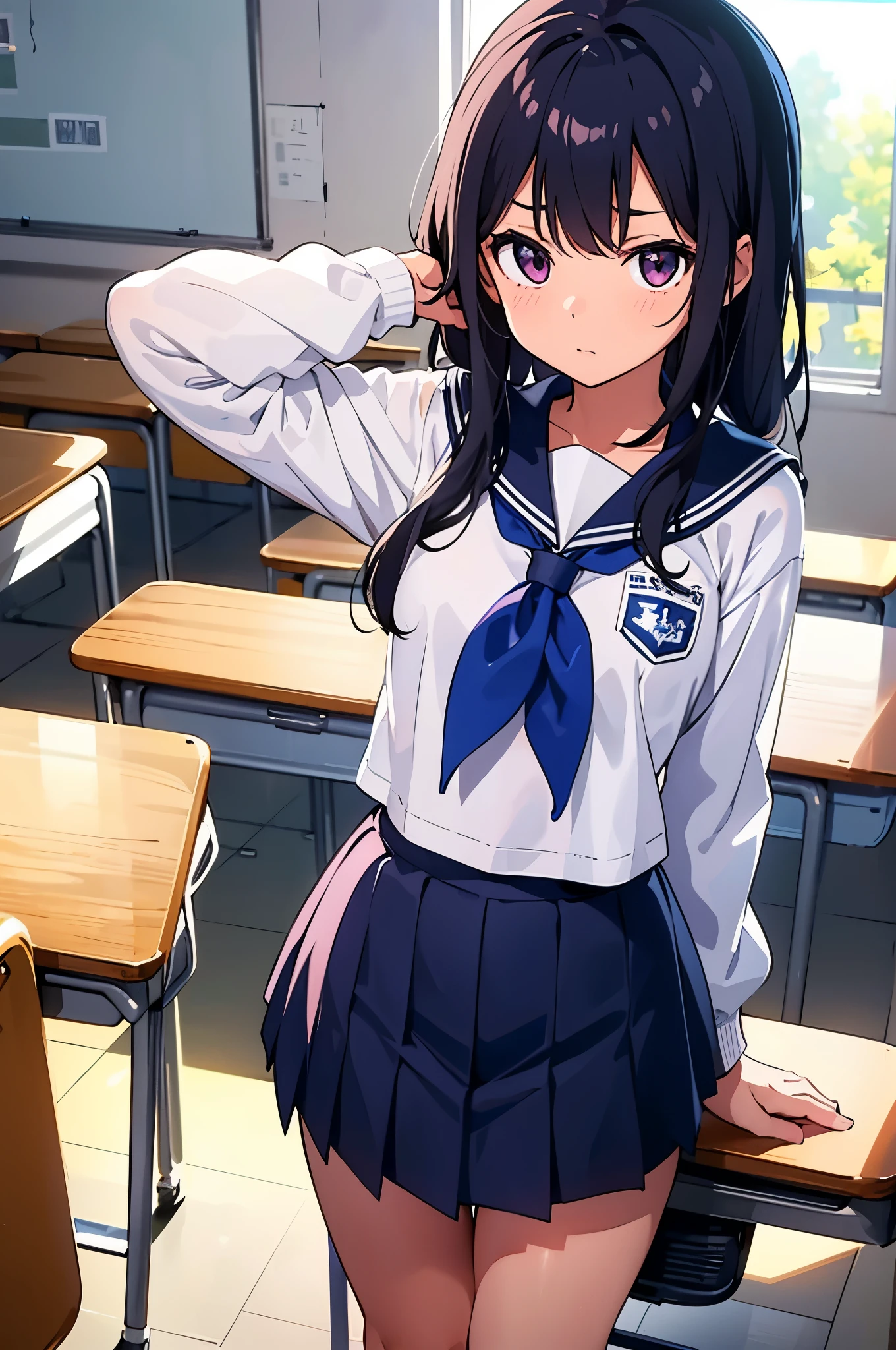 school classroom　elementary school girl　8-year-old　flat chest　black hair　long hair　eyes are purple　（（1 person））　White upper body long sleeve sailor uniform　Lower body navy blue miniskirt　white panties　white socks　Indoor sports shoes　Standing with hands on a desk in a classroom　Looking back from the back　I can see your butt（（I can see white panties））　dynamic angle　Low - Angle