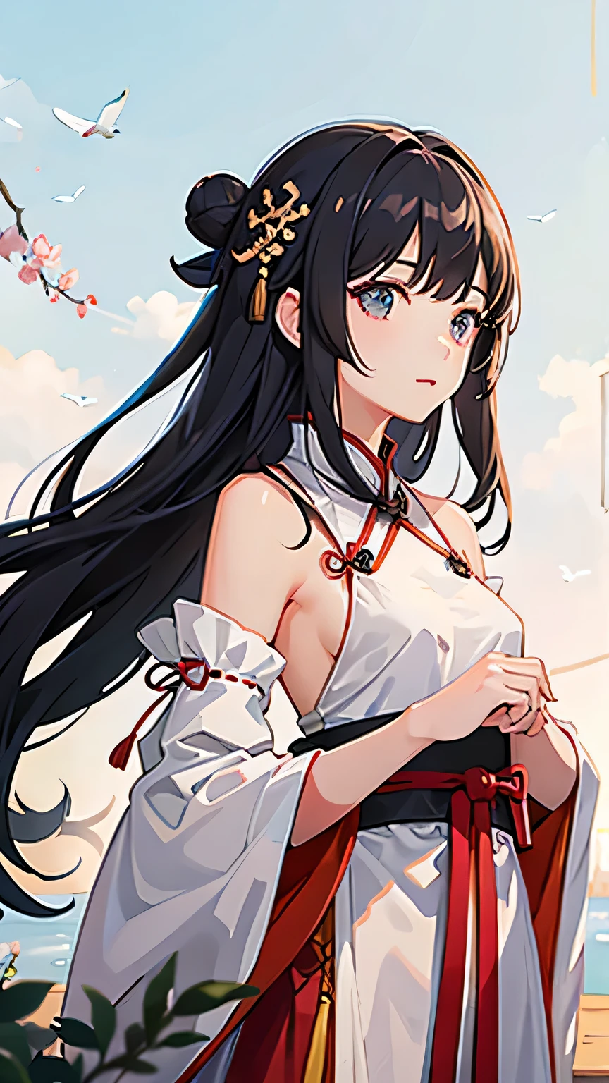 masterpiece, best quality, ((willow)), Upper body, 1 girl, Permanent installation, Hanfu, exquisite eyes, medium breasts, peaceful, looking at the audience, black hair,