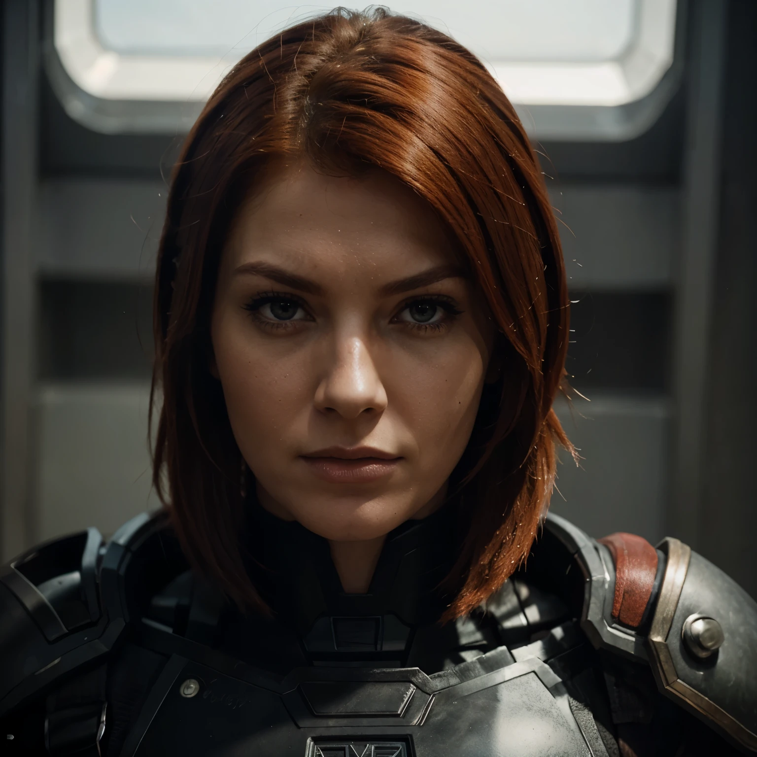 Red head femshep stare, armor, closeup portrait