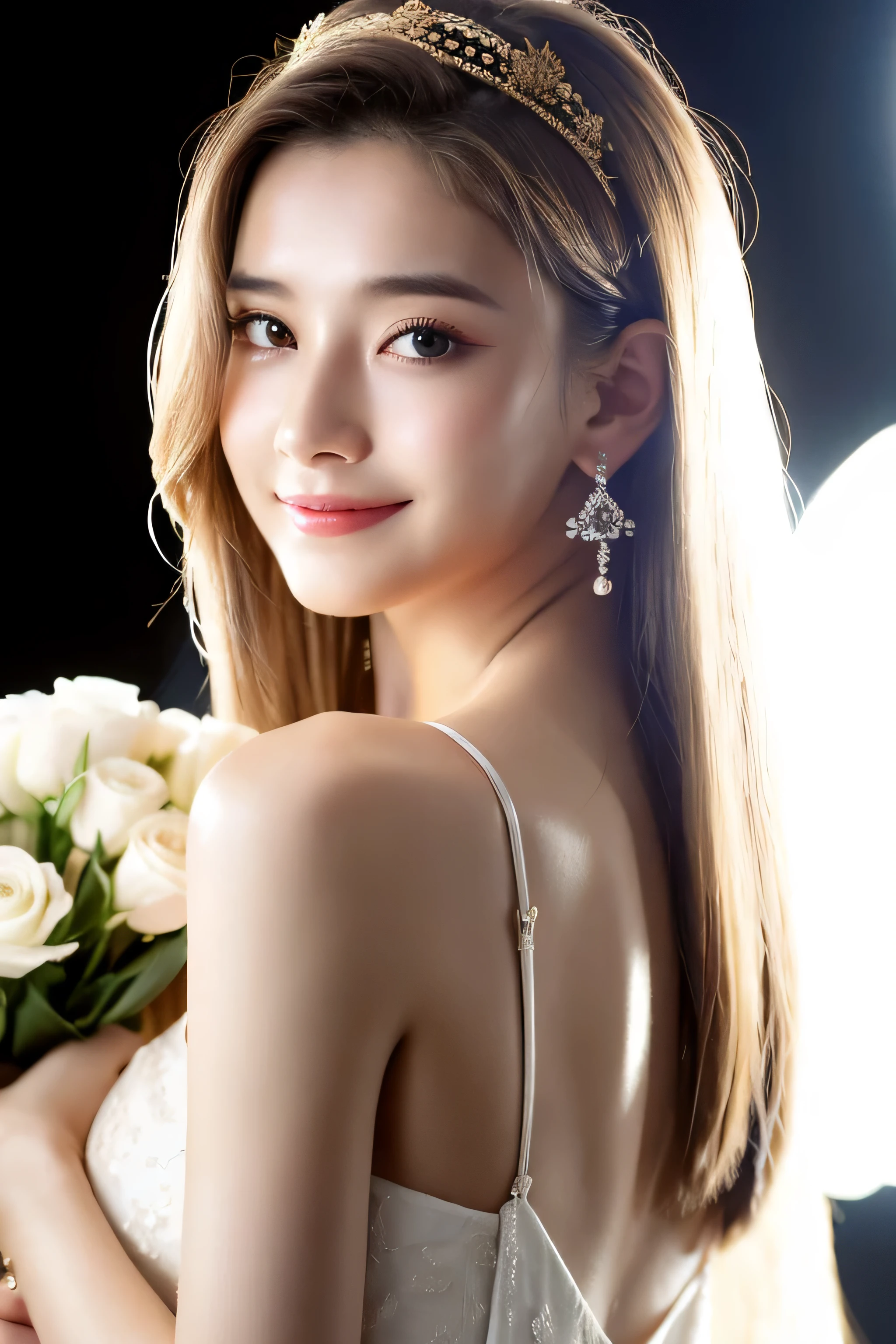 Greek warships、8k、real photos、ultra high resolution, master parts, highest quality, ticker , cinematic images,nice girl、Ann、16 years old、Annグロサクソン人、eyes are purple、double eyelid、very垂れ目、(very, very大きな瞳:1.9)、dark eyeshadow、very薄い唇、The tip of your nose grows beautifully..、Small tip of the nose,,,,, very detailed ,silver hair、straight hair、very smiling、 sweet expression 、very beautiful woman、long legs、big breasts、 very clear shadows , jewelry , fine eyes, shiny skin , パーフェクトブリリAnnト, very大きなおっぱい, dramatic shadow 、She wears a white see-through dress、Gold embroidery throughout the dress、white high heels、white tiara on head、gold necklace、angel wings on the back、holding a bouquet of flowers in both hands