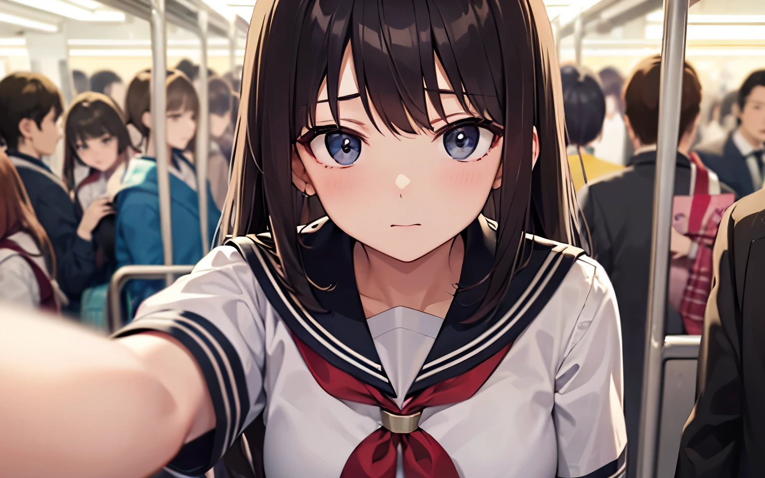 High quality、8k、Inside a crowded train in Japan、person holding on to a sling、POV、1high girl、sailor suit、looking troubled、