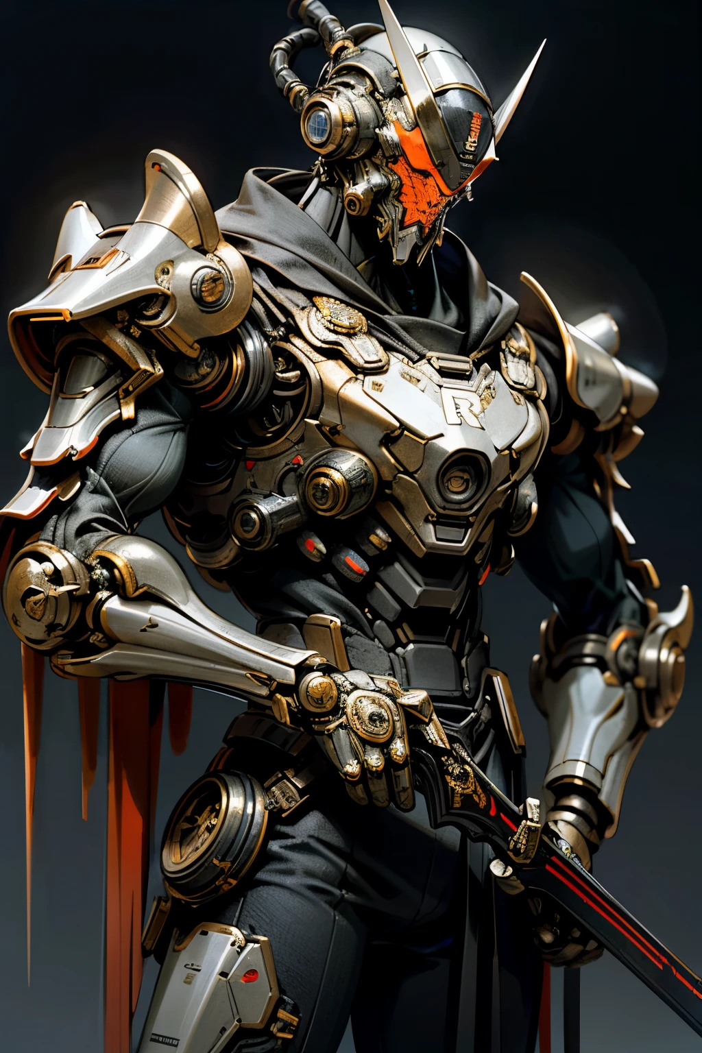 (best quality, high resolution, realistic:1.2), half body shot, dark fantasy, furious cyborg male rabbit samurai, detailed rabbit head, dangerous, red, grey and yellow color palette, tactical suit with mech details