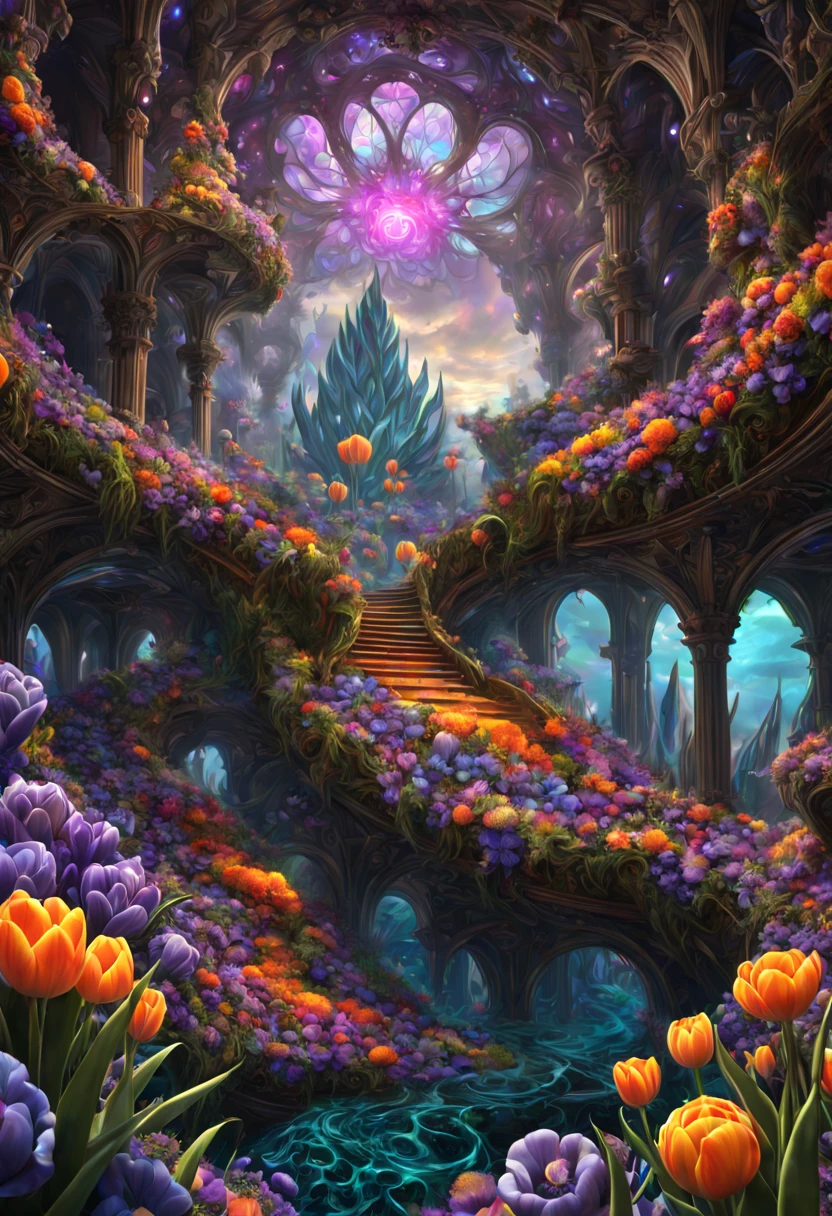 sea of flowers, aesthetic, twisted glass of alien flowers frilled tulips dripping black Purple violets, vines Lava oil slick. LED lights. Scifi, fantastical, hyperdetailed complementary colors, fractal mandelbulb, detailed matte painting, deep color, fantastical, intricate detail, splash screen, complementary colors, fantasy concept art, 8k resolution trending on Artstation Unreal Engine 5