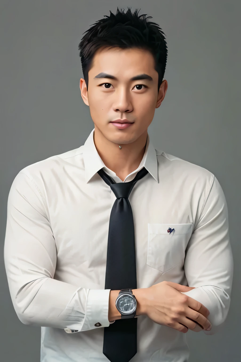 1man,
 a 30 y.o muscular half-filipino half-korean male model actor wearing long-sleeve white shirt and tie, with a watch, upper body, 
in camera studio with 3 flash, soft lighting, 
masterpiece, best quality, 8k uhd, dslr, film grain, Fujifilm XT3 photorealistic painting art by midjourney and greg rutkowski