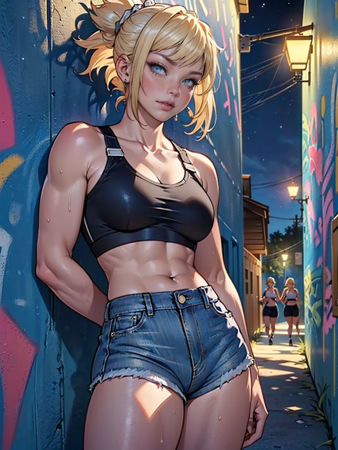 ((pink lipstick, Extremely detailed, ambient soft lighting, 4k, perfect eyes, a perfect face, perfect lighting, a 1girl)), austere, ((malicious, (sports bra), jeans, short shorts, unbuttoned shorts)), night sky, clouds, , lots of , (graffiti alley, graffiti walls, in an alley, night, moonlight, starry night), (((austere, ((masterpiece, cowboy shot, intricate, highly detailed, 1girl)))), ((kohaku, blonde hair, blue eyes, kawai, cute, portraits, vivid colors, soft lighting))
