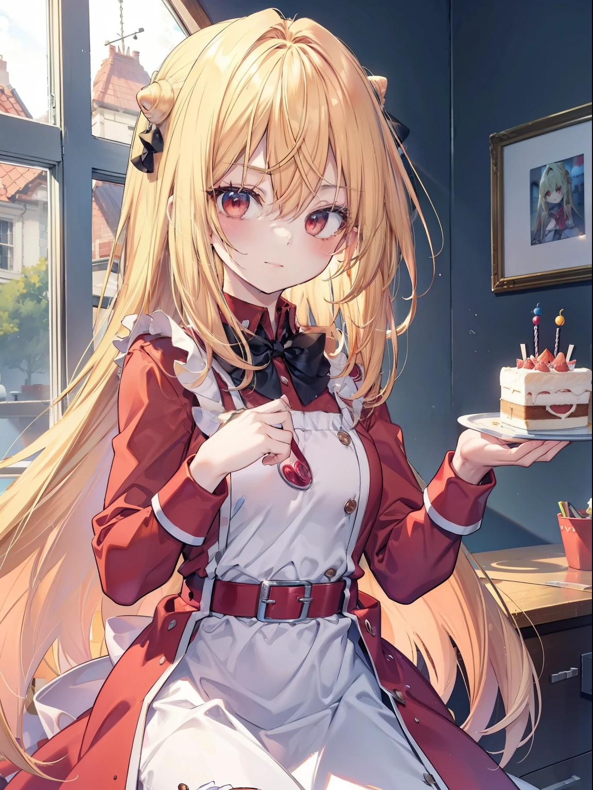 Terakomari Gandesblood、 Good looking girl (long blonde hair with square bangs, big red eyes, blush, perfect face), independent , looking at camera, masterpiece, anime art style, cute characters, most detailed, high quality、Nico Nico Smile、birthday cake、happy birthday、Wearing an apron at home