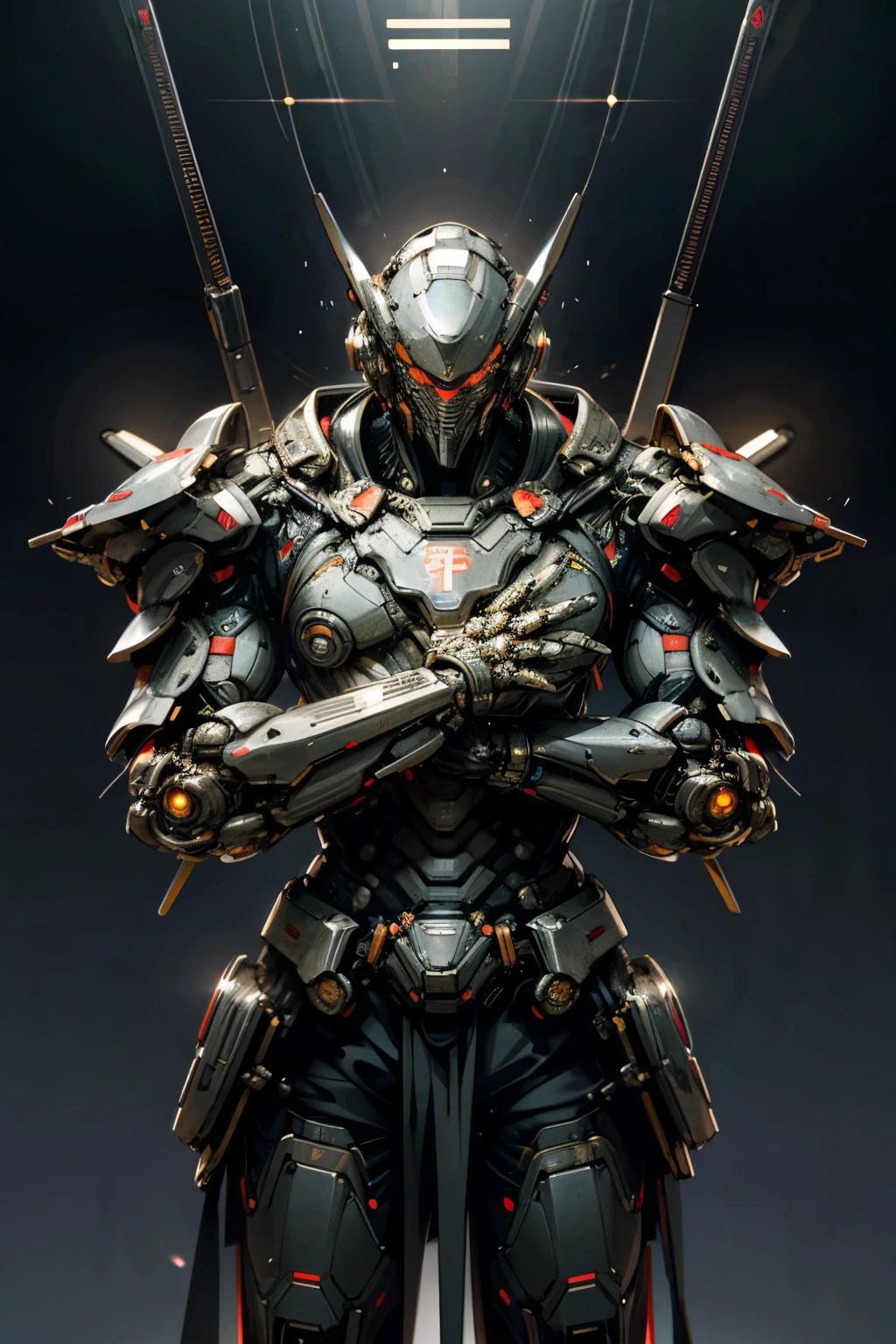 In the heart of a futuristic metropolis, an elite robot commander General stands tall, his gears and intricate cap gleaming under the neon lights. The red and black paint of his armor reflects the melded reality of the cyberpunk world around him. A mesh sword suspended at his side, its metal blades glinting menacingly, reveals the tightness of his muscular form, encased in the most advanced and intricately detailed armor. His armored limbs move with precise and calculated ease, exuding an air of power and authority as the city's mechanical protector.

(Science Fiction, Robots, Elite forces, Cyberpunk, Me