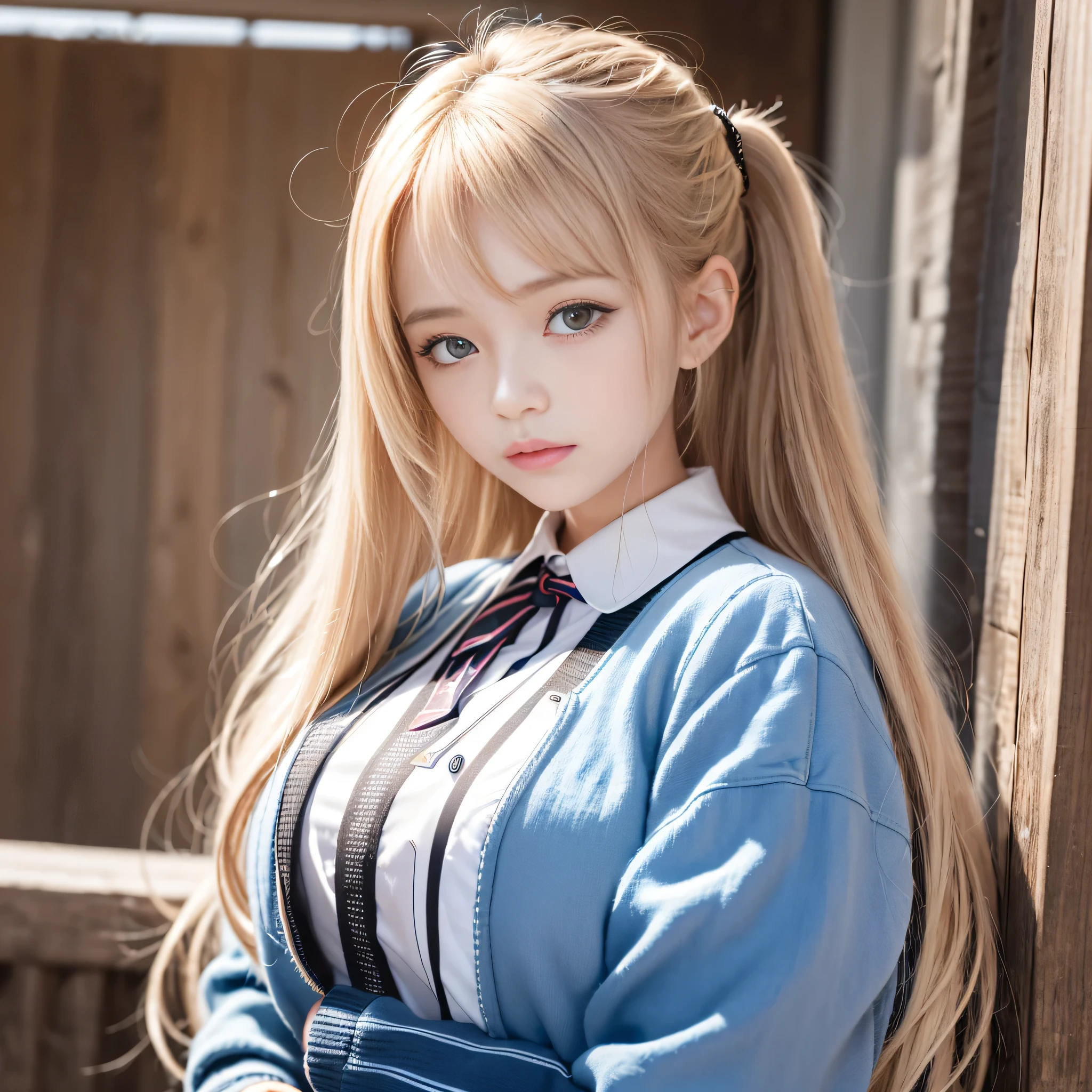 portrait、school uniform、bright look、twin tails、young shiny glossy white shiny skin、best looks、blonde reflection、Platinum blonde hair with dazzling highlights、shiny bright hair,、super long straight hair、Shining beautiful bangs、Sparkling crystal clear charming big blue eyes、Very beautiful and lovely cute girl、rich bust、White and beautiful blouse、I can see the collarbone、((I could see the whole body))、beautiful face、The chest area of the clothes looks tight、Loosening perm、No bra、