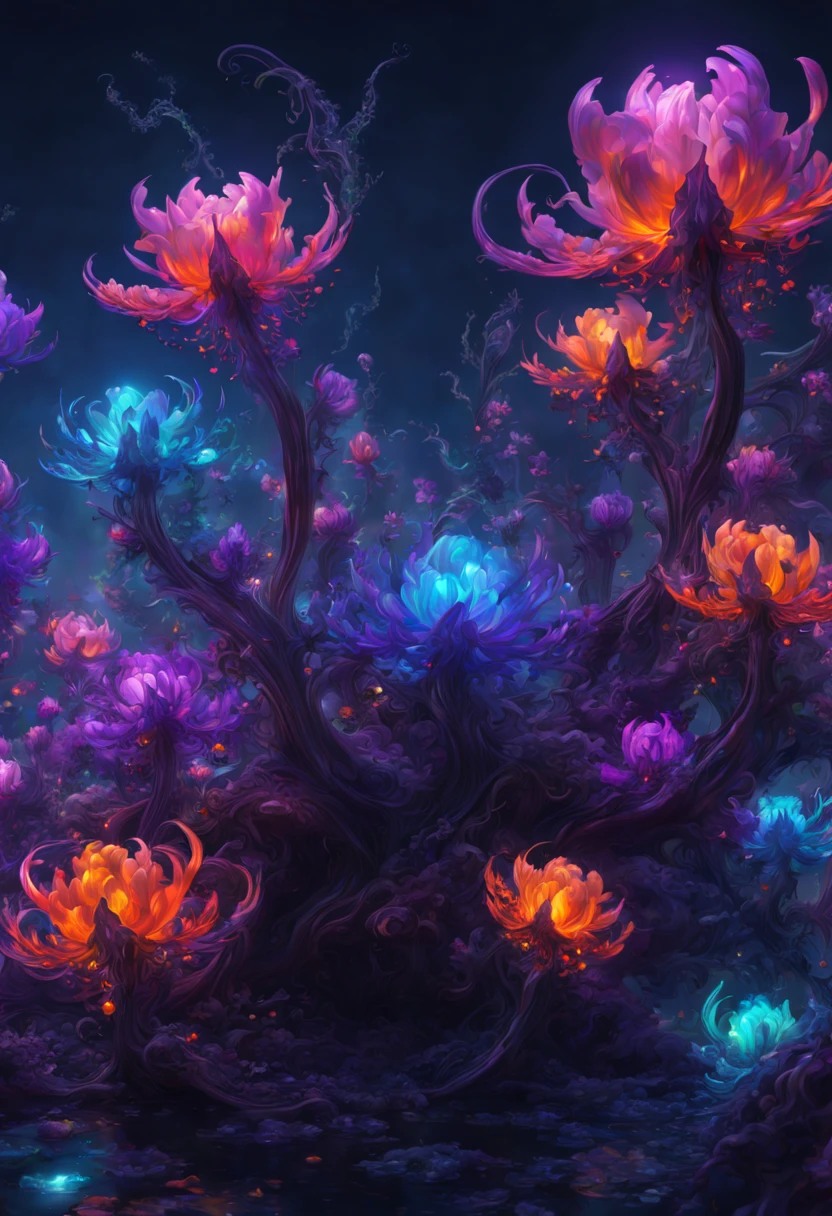 sea of flowers, aesthetic, twisted glass of alien flowers frilled tulips dripping black Purple violets, vines Lava oil slick. LED lights. Scifi, fantastical, hyperdetailed complementary colors, fractal mandelbulb, detailed matte painting, deep color, fantastical, intricate detail, splash screen, complementary colors, fantasy concept art, 8k resolution trending on Artstation Unreal Engine 5