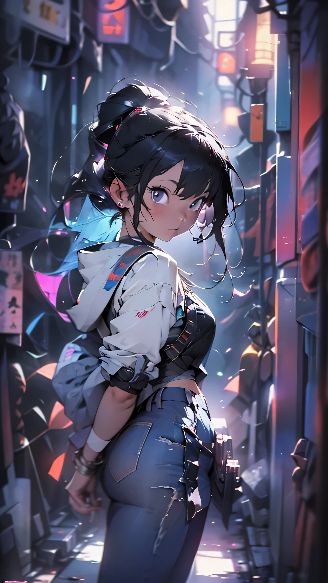 最high quality、best image quality、masterpiece、girl((20-year-old、 By becoming、vest bust、medium bust,wide open breast tea、shining eyes, light blue hair、long hair、thin,highest valley、ponytail、action of looking up、full body bandage、purple and black hoodie、berry shorts)),high quality、beautiful art、background((cyberpunk city))、Flight、debris flies、Depth of written boundary、movie、visual art、perfect art、8k,genuine、